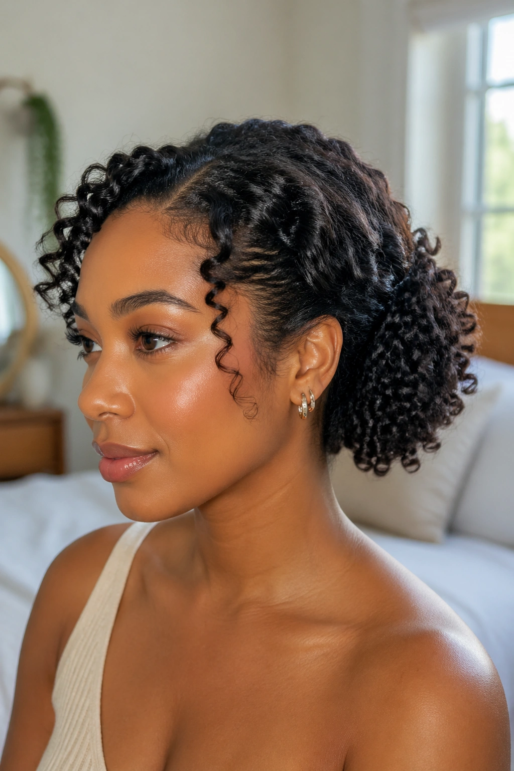 Medium close-up of a real woman with a curly side updo.