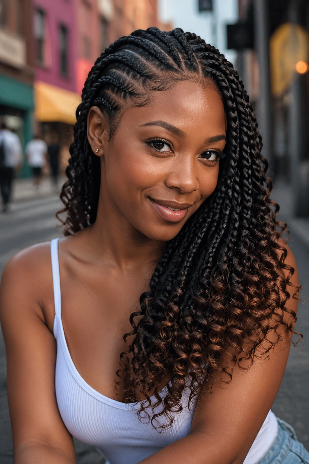Woman with curl-ended feed-in cornrows