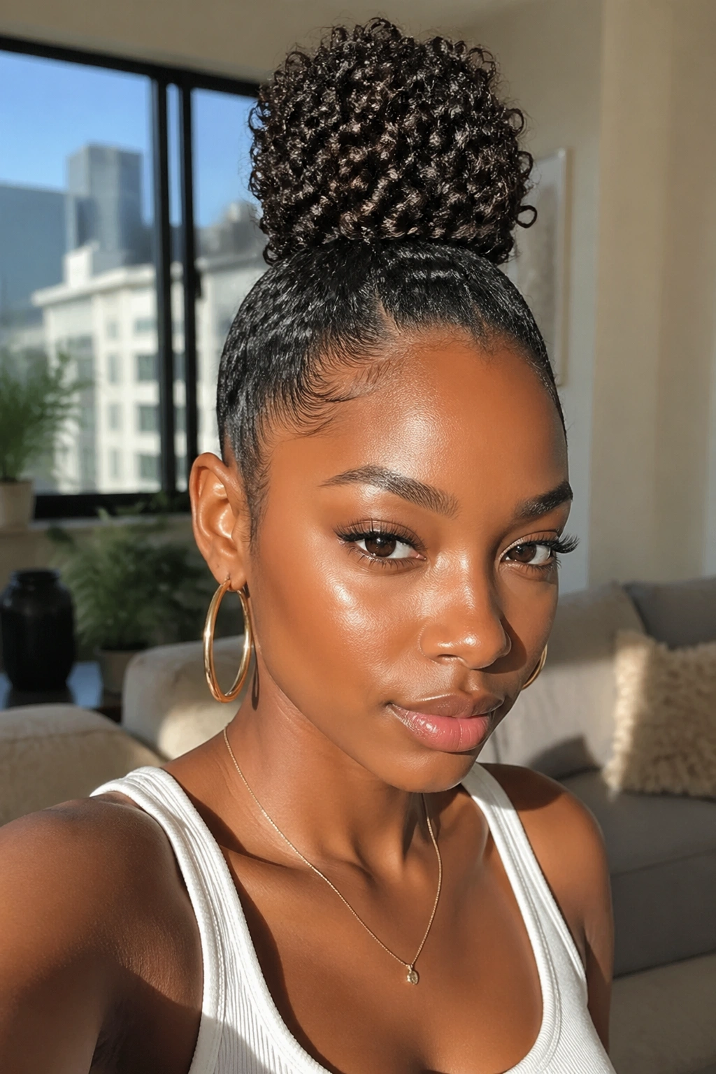 Real woman with curly top knot puff showing textured curls