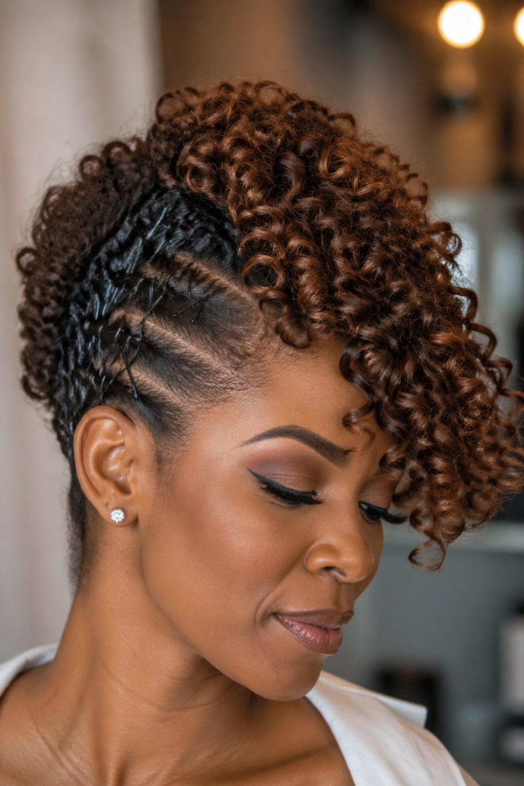 Close-up showing the curve and pinning technique of a curly side updo.
