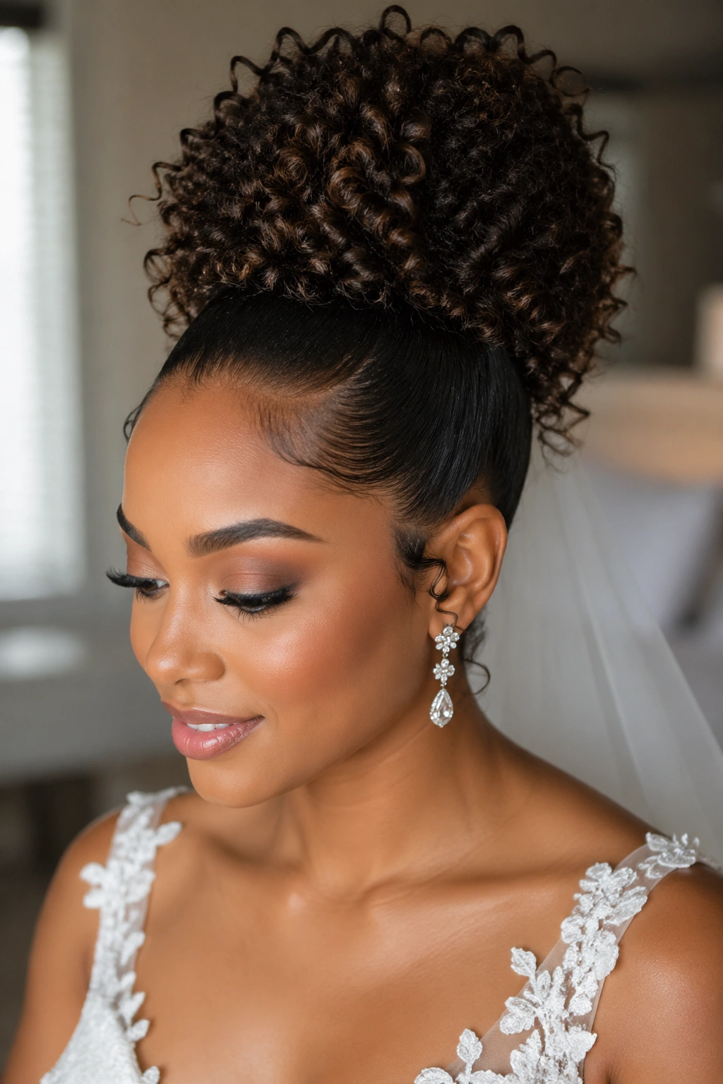 Close-up of a real bride with natural curls piled high and sleek sides