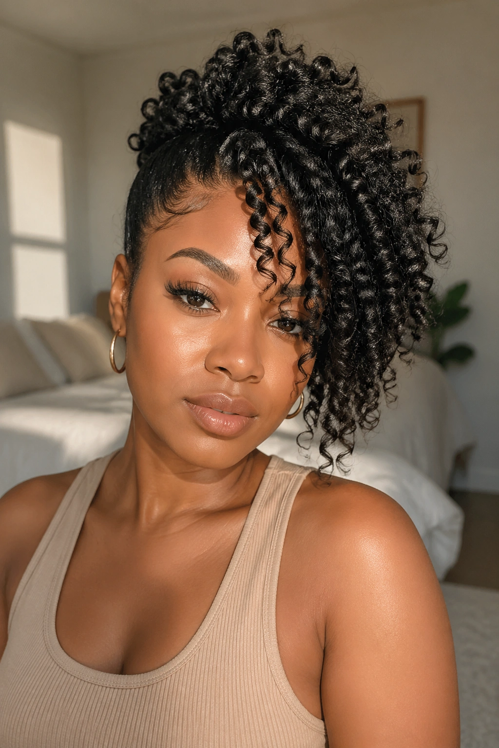 Close-up portrait of a real woman with a curly side updo under warm window light.