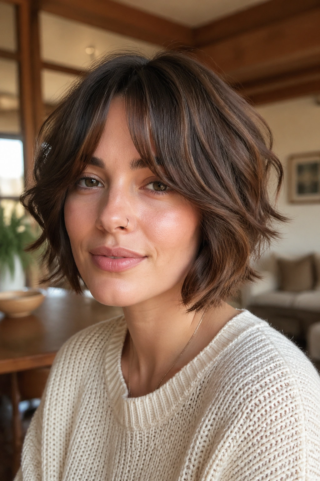 Real woman with curtain-bang shag bob in a warm living room setting