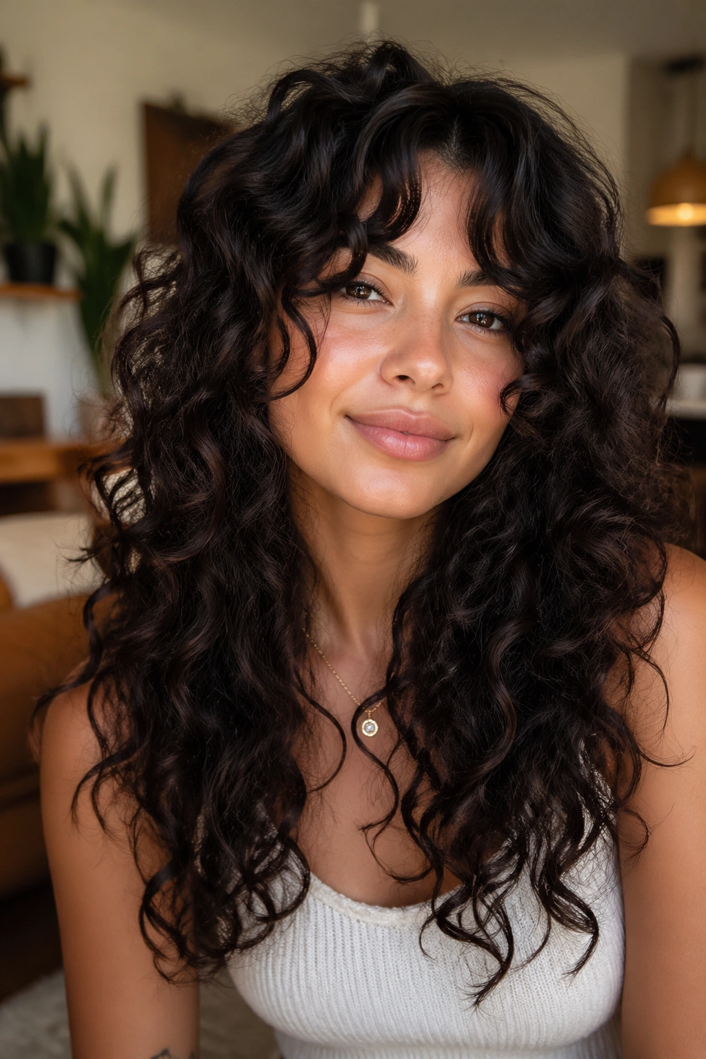 Portrait of a real person with long layered curls and curtain bangs framing the face.