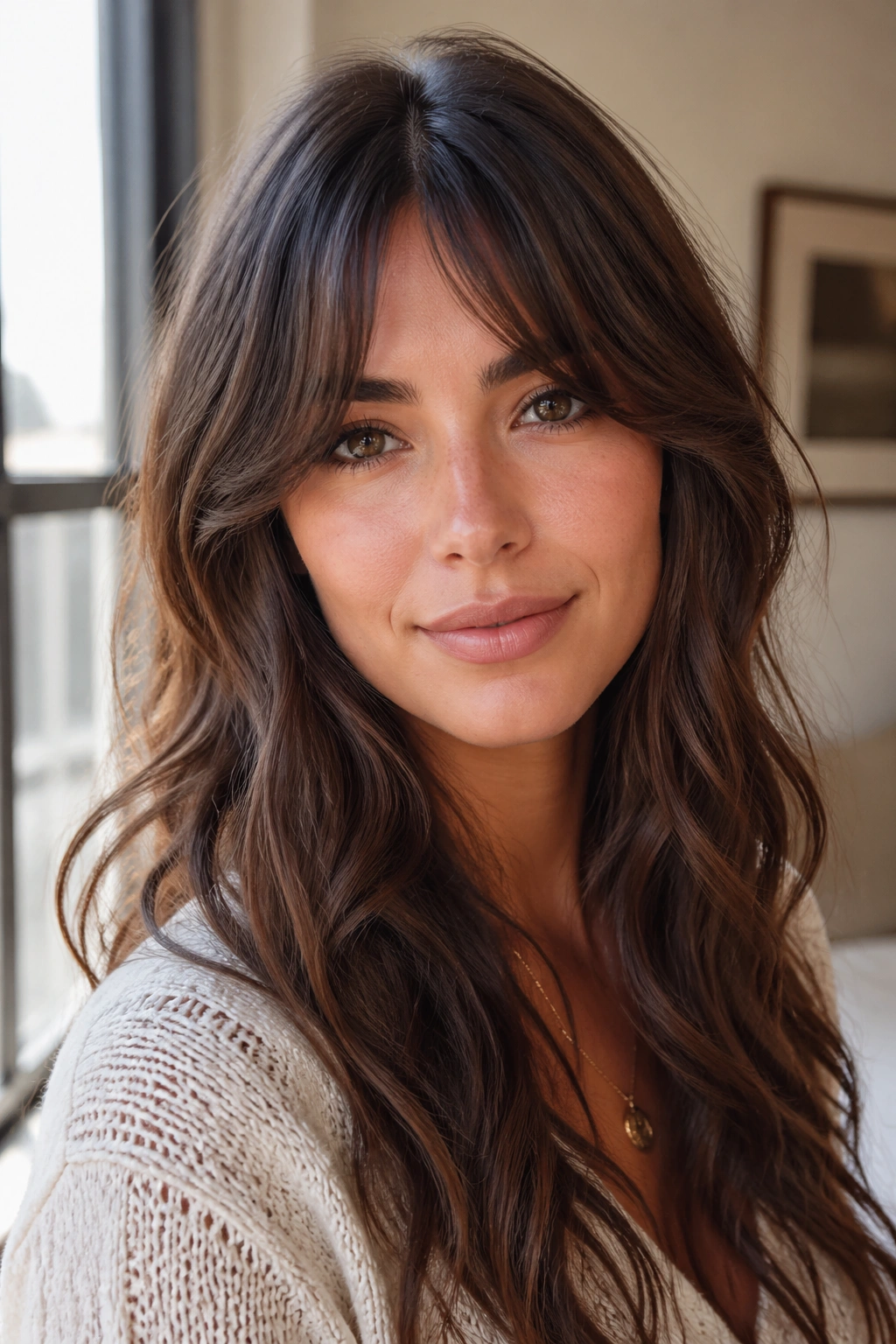 Close-up portrait of a woman with curtain bangs and long waves.