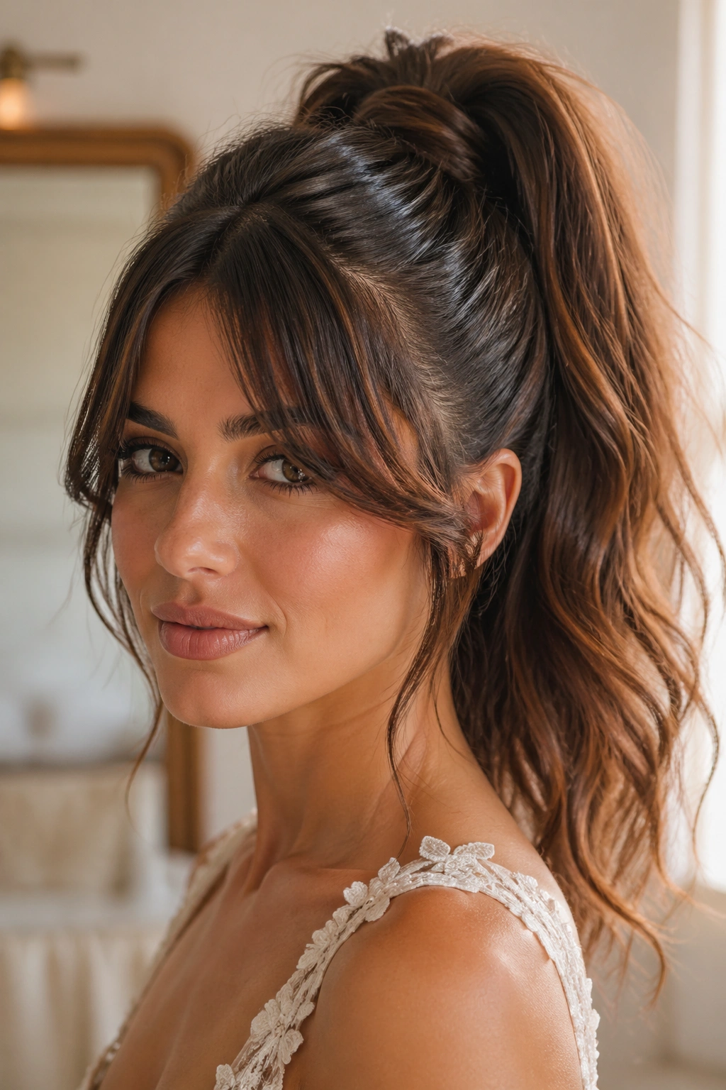 Real bride with high ponytail and curtain bangs