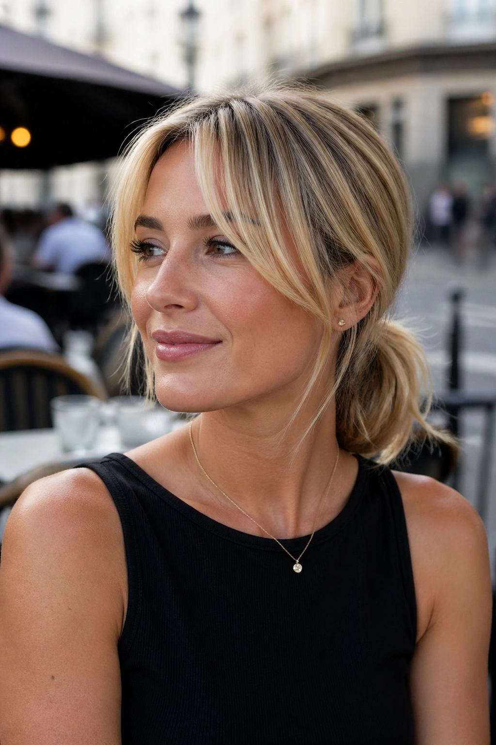 Close-up portrait of a real woman with blonde low ponytail and curtain bangs.