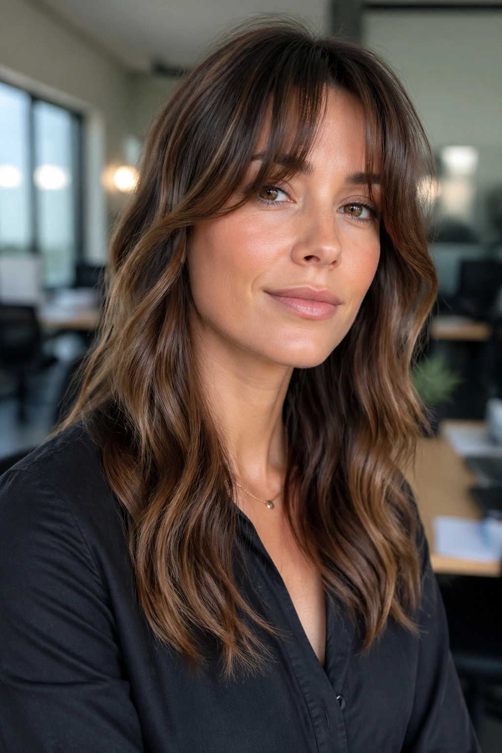 Close-up portrait of a woman with curtain bangs and soft wave texture in an office setting.