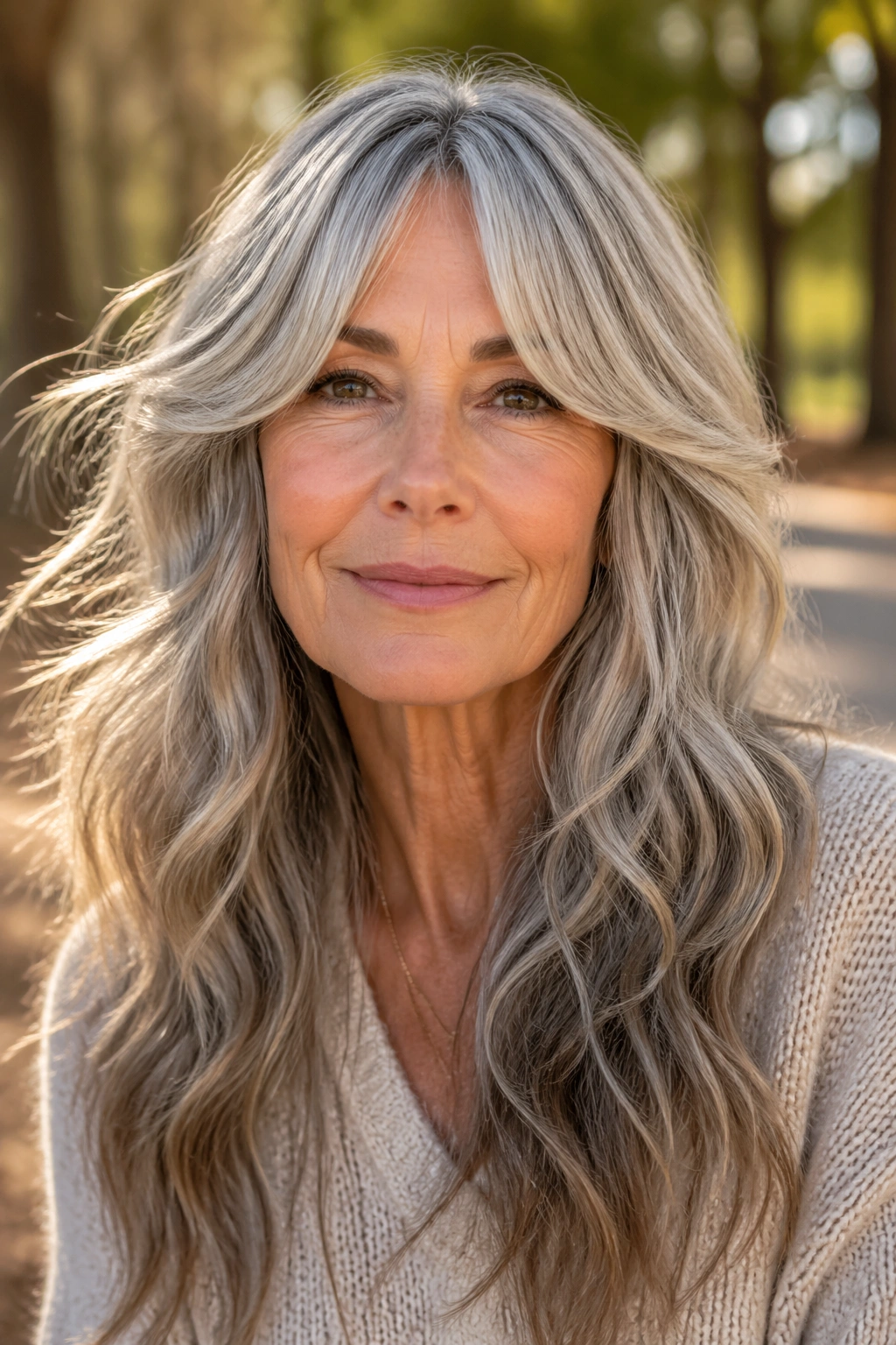 Close-up of a real woman with curtain bangs and waves outdoors in sunlight