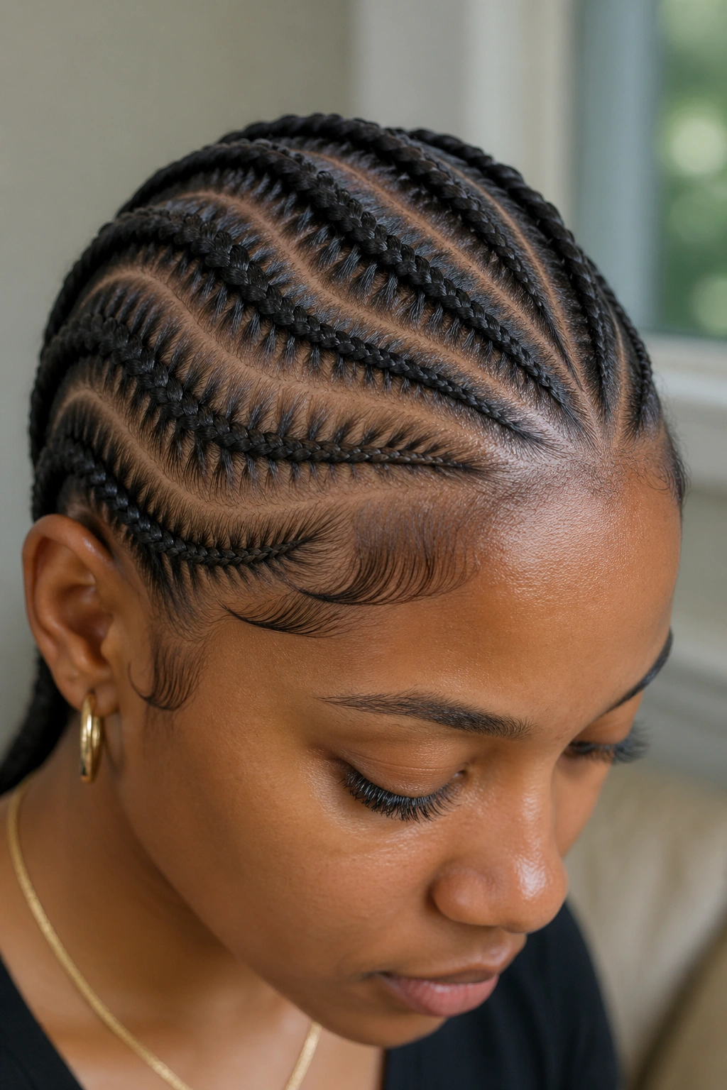 Close-up of curved cornrows along the hairline