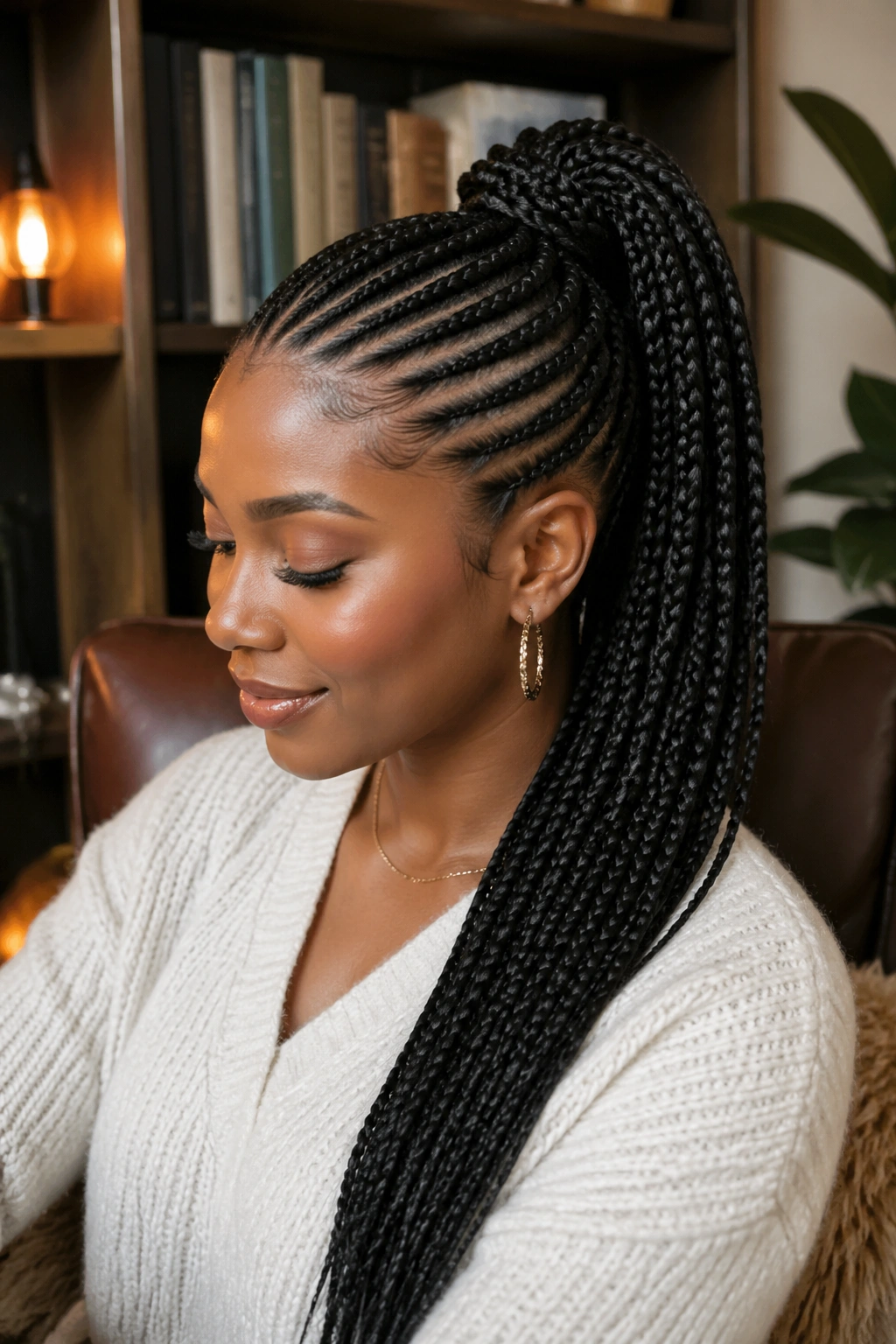 Portrait of woman with curved-crown ponytail