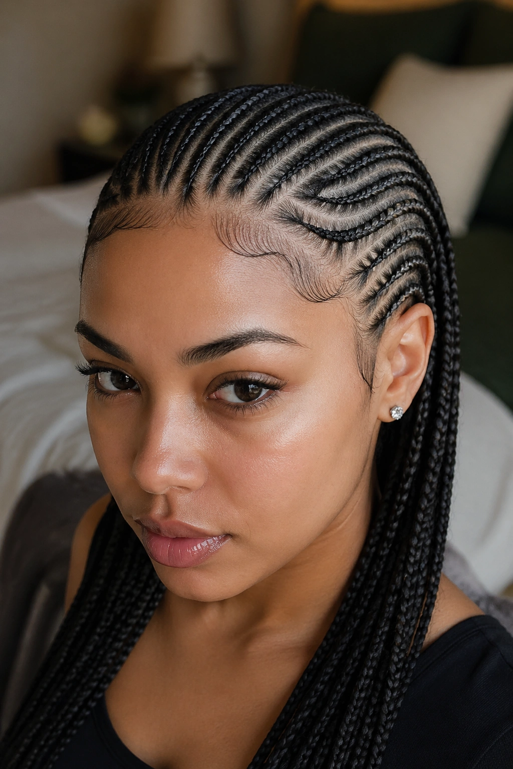 Close-up of a real person with curved front cornrow parts framing the face