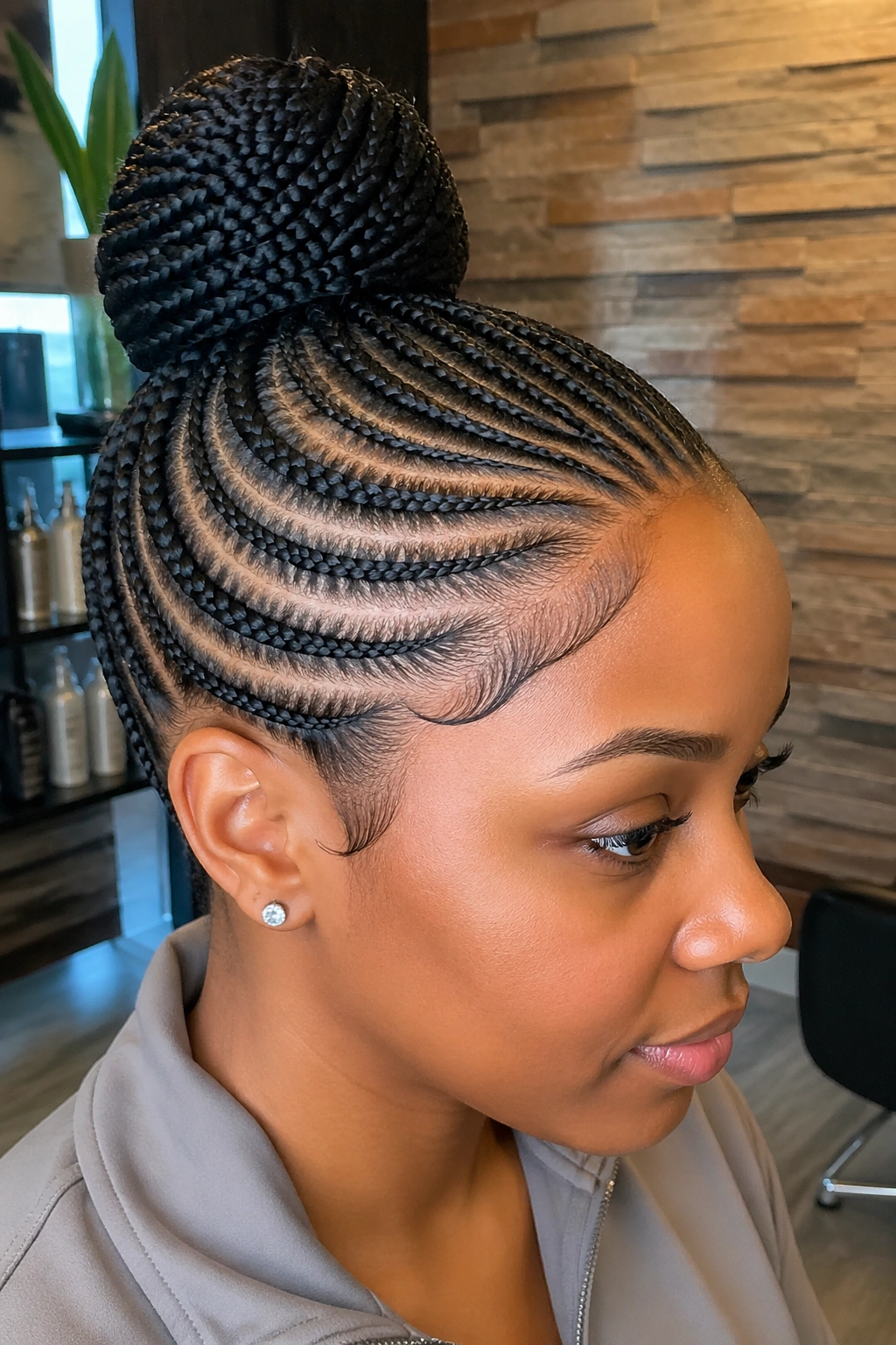 Portrait of a real woman with curved hairline cornrows leading to a bun.