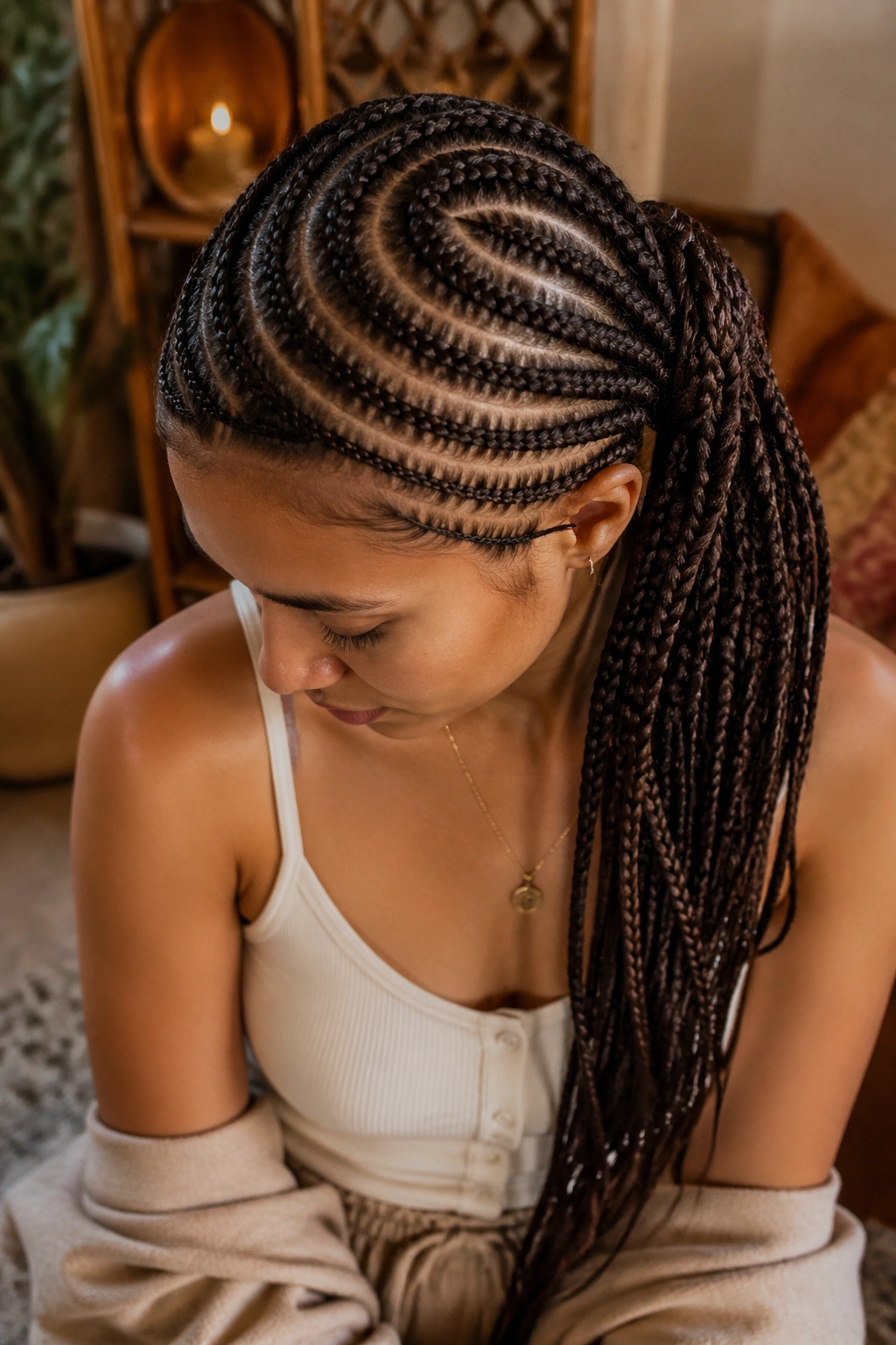 Portrait of a real person with curved-part cornrows curving across the scalp.
