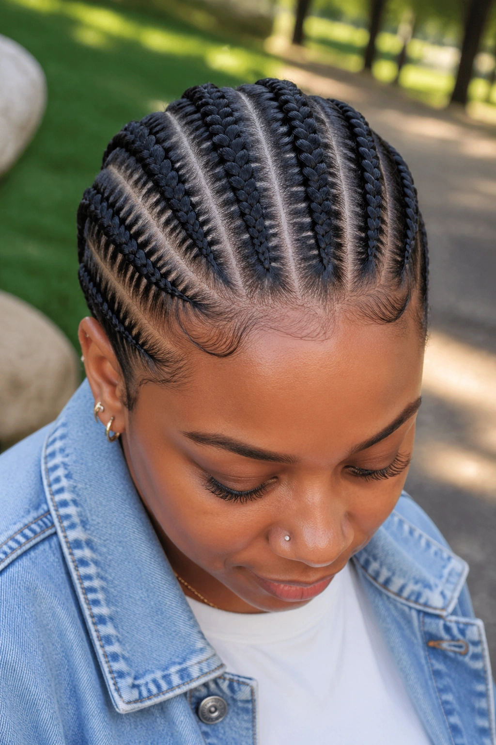 Close-up portrait of a real woman with five straight back braids curving to form a fan