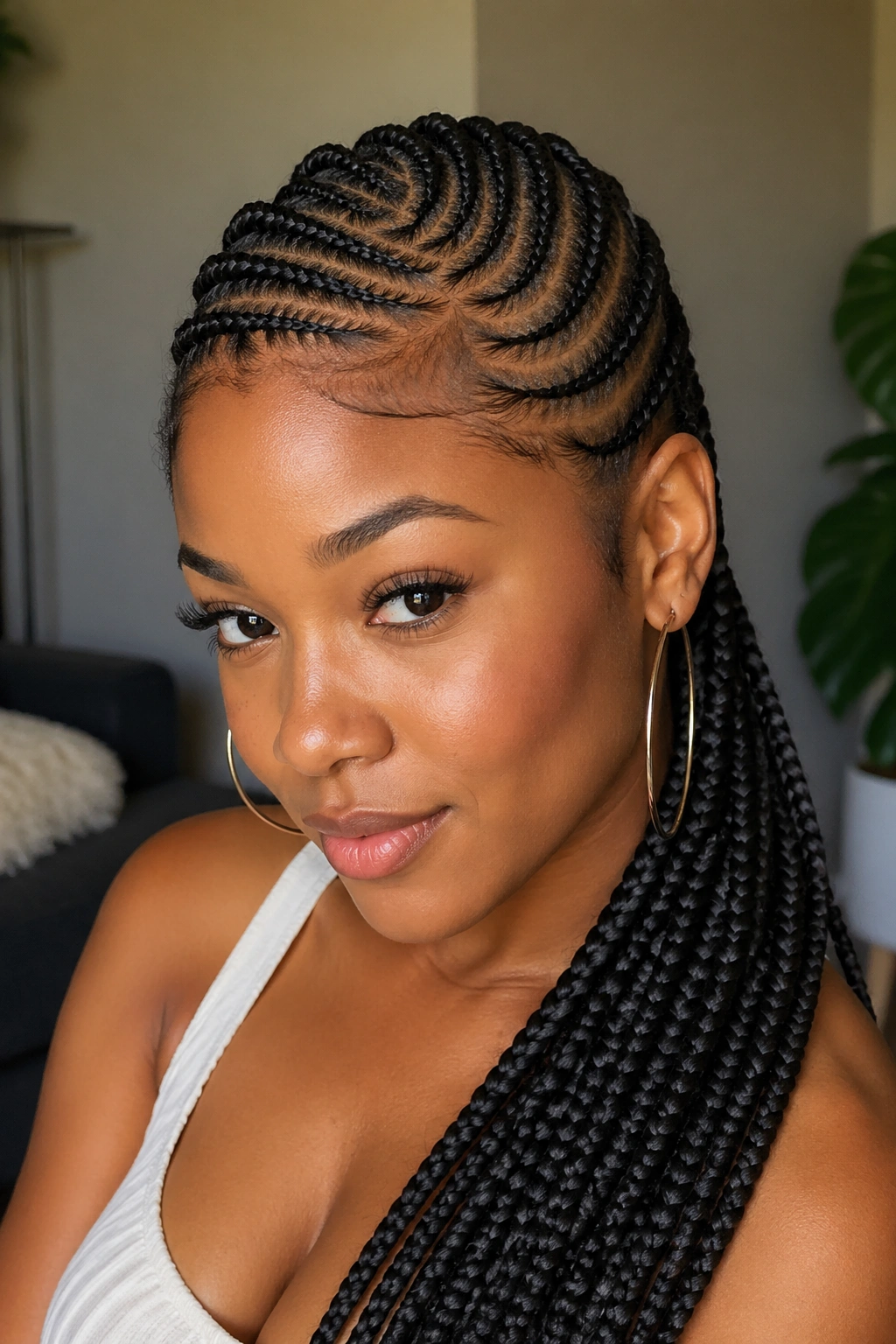 Portrait of a real woman with curved swoop braids pulled to one side