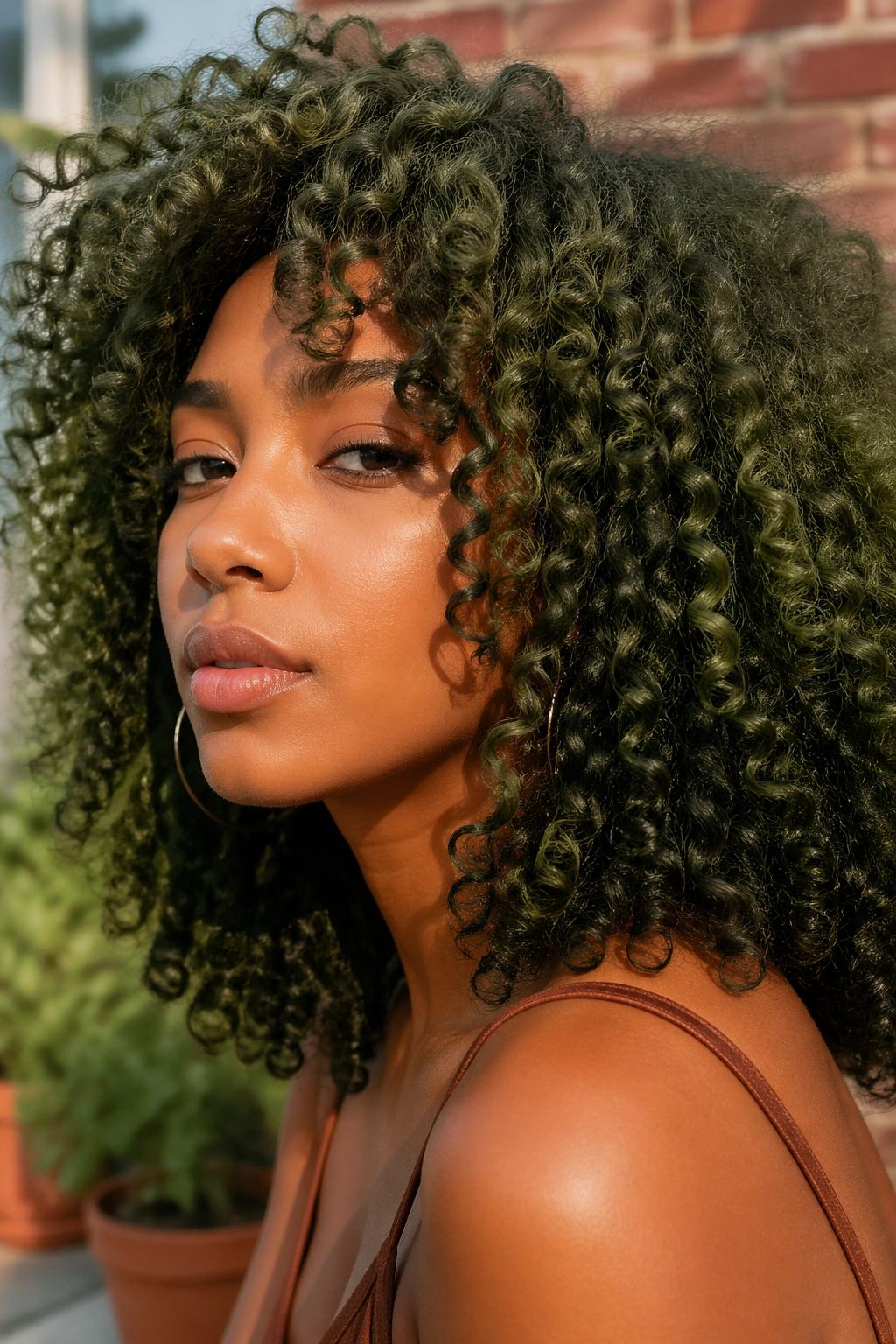 Real woman with dark olive curls in golden hour light