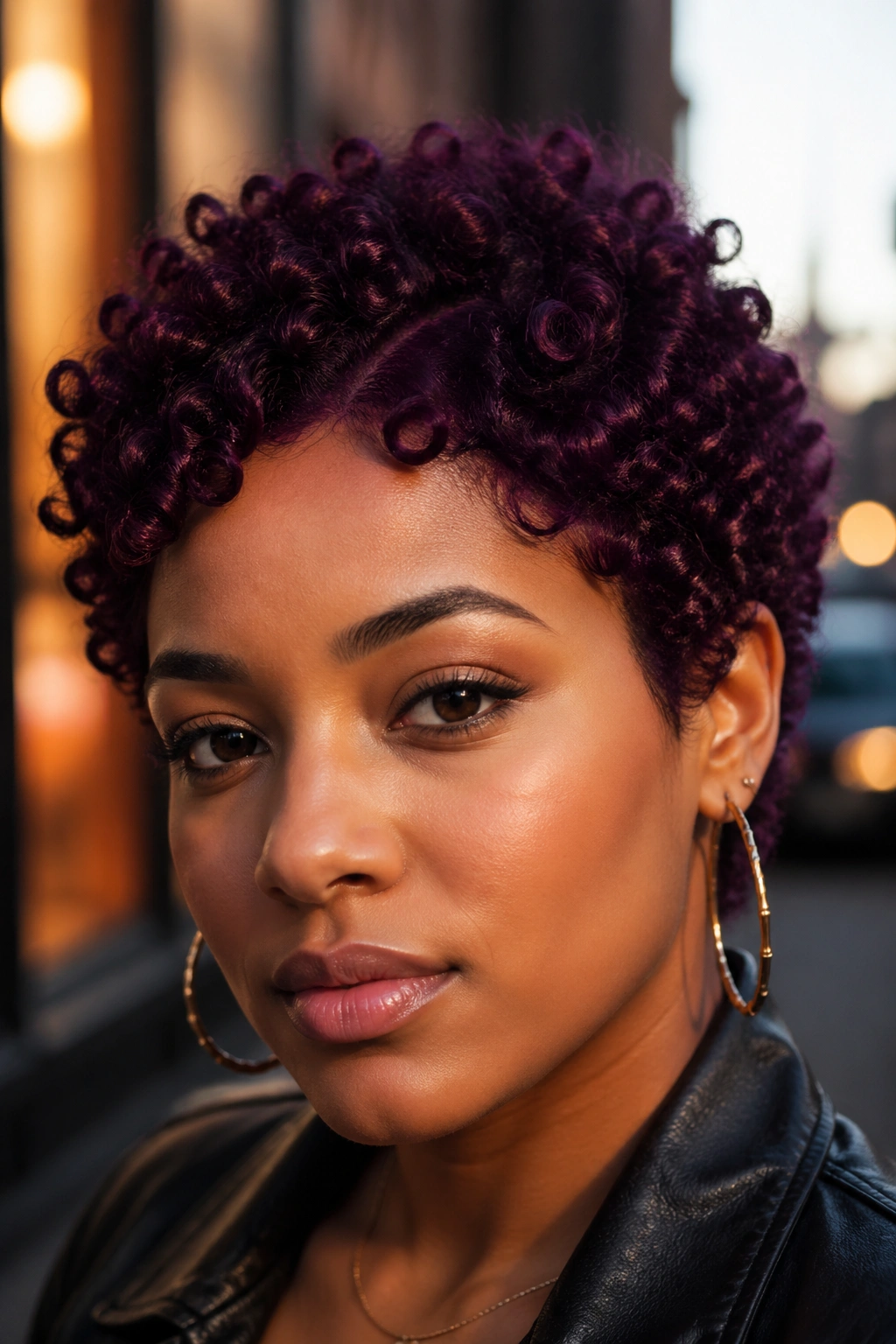 Close-up of real person with dark plum-purple short curls