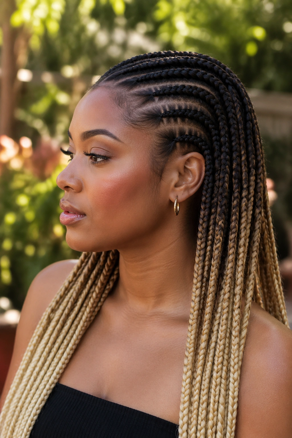 Portrait of real woman with dark roots and blonde tips on knotless box braids