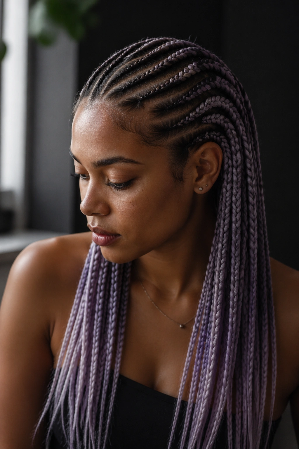 Close-up of a real person with dark roots and smoky lavender cornrows