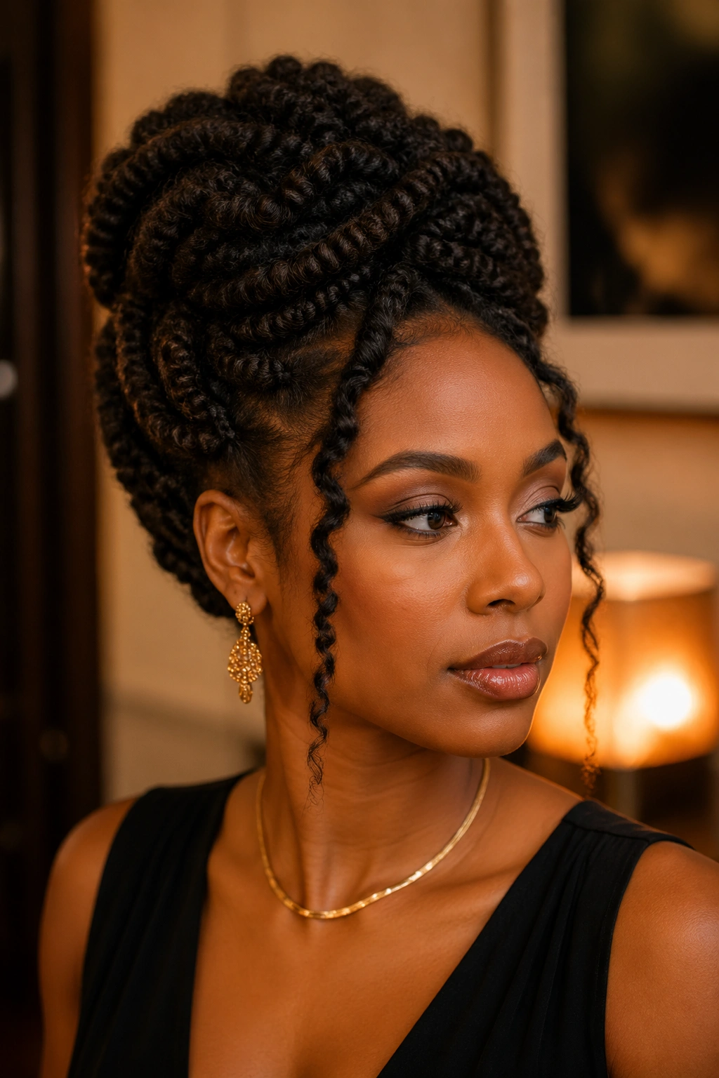 Portrait of a real woman with a durable date-night hairstyle pinned up