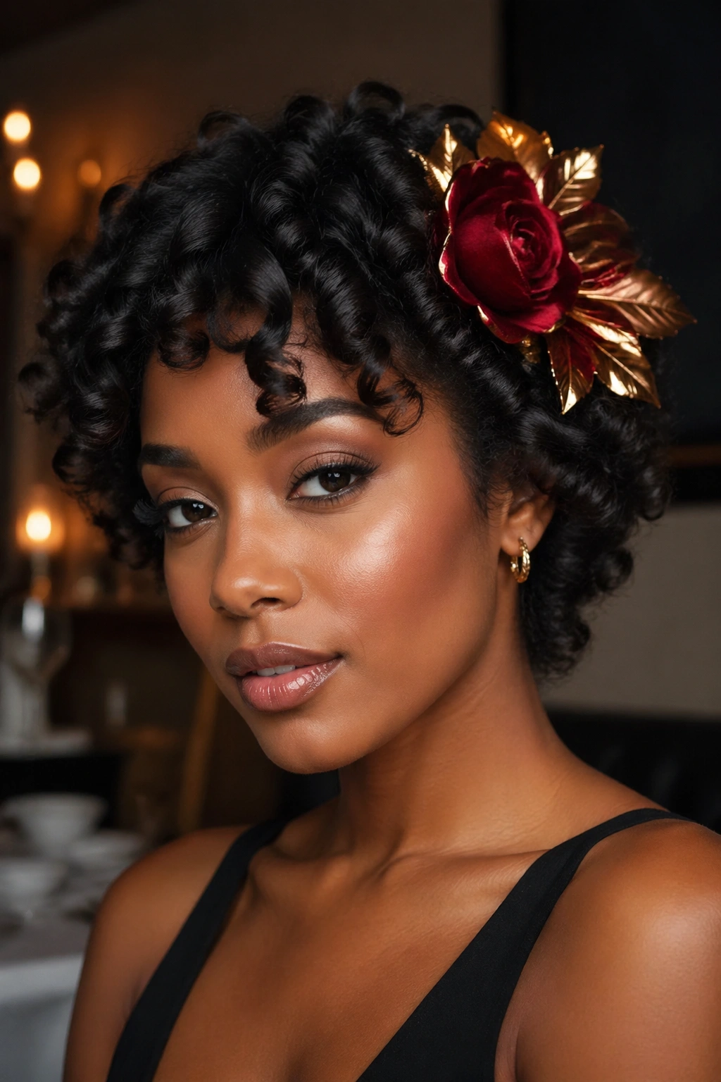 Close-up of a real woman with finished sock curl date-night hairstyle and bold hair accessory