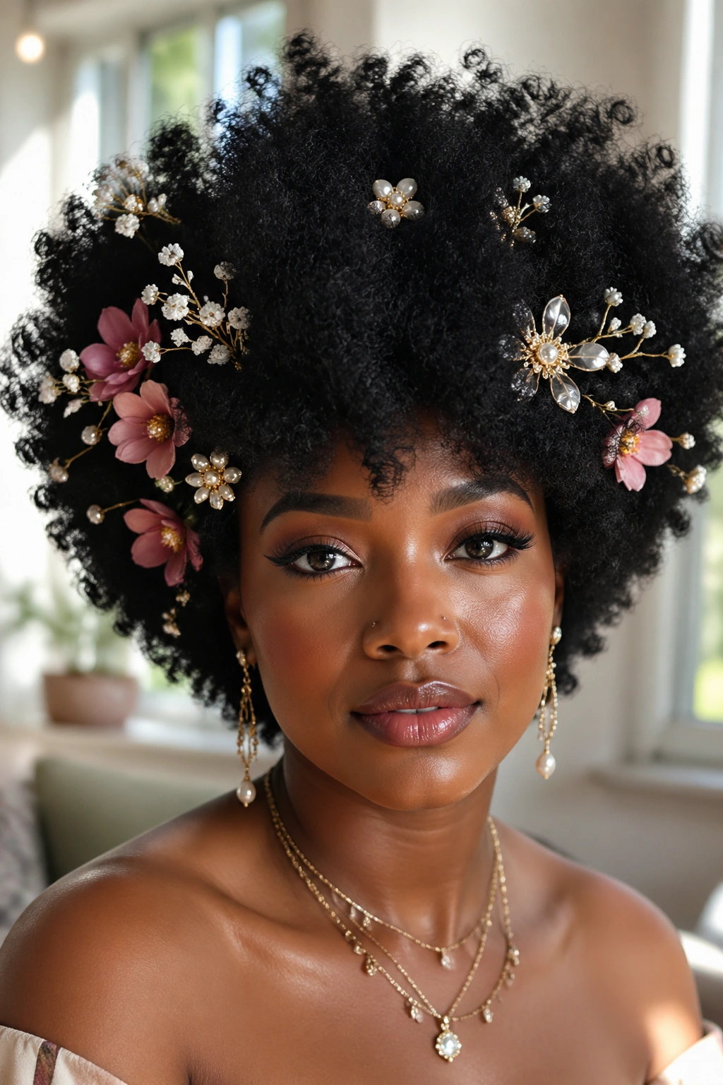 Close-up of real person with decorated afro and accessories