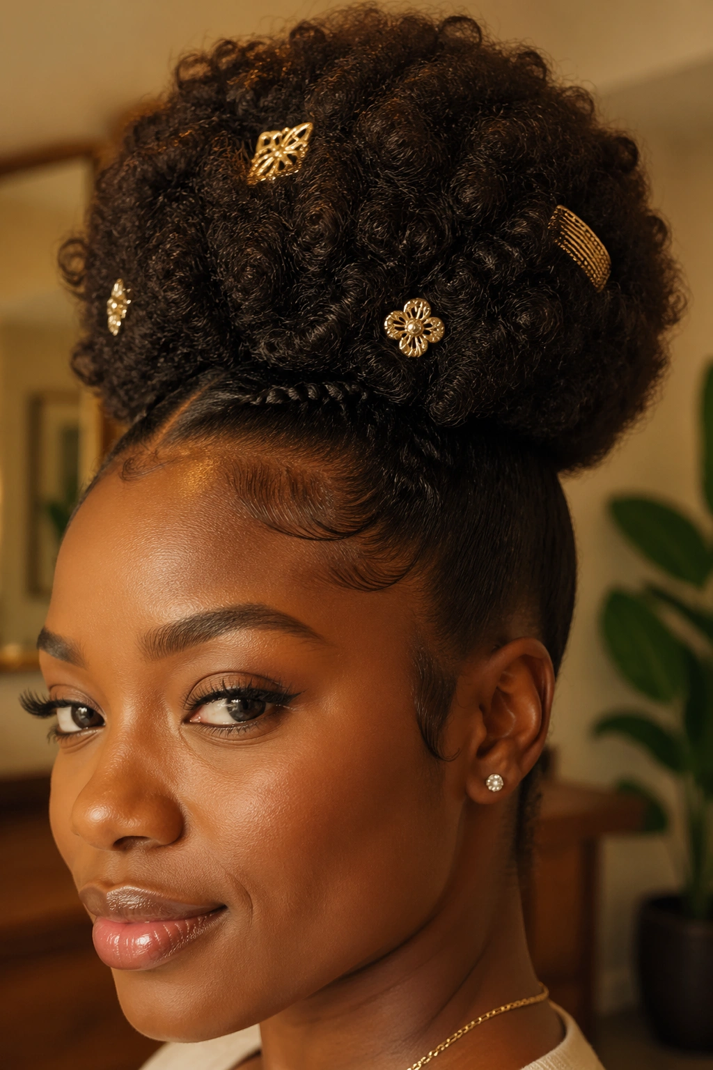 Close-up of a real woman with a high puff and decorative clips