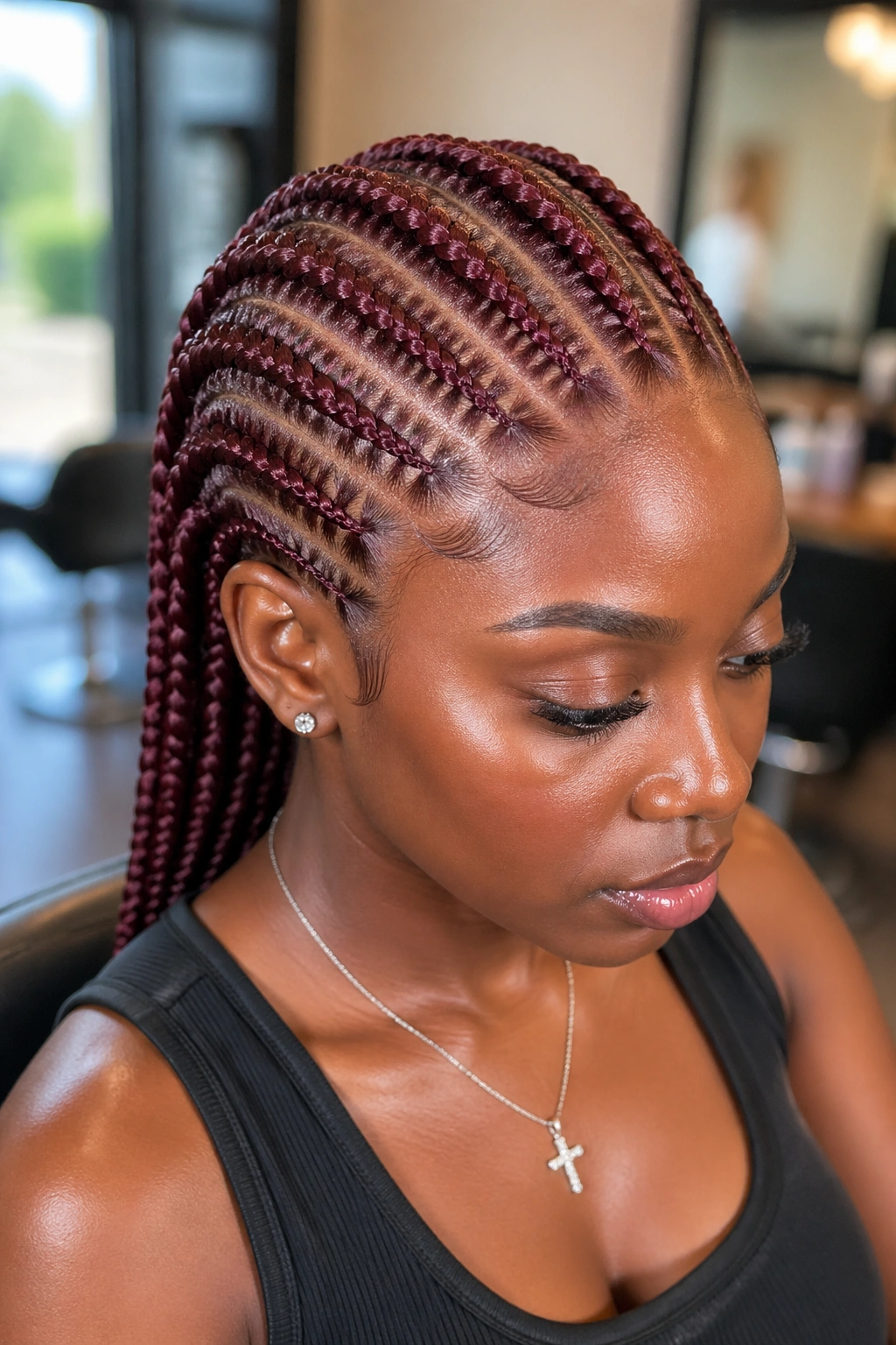 Close-up portrait of a real person with deep burgundy stitch cornrows featuring sharp definition