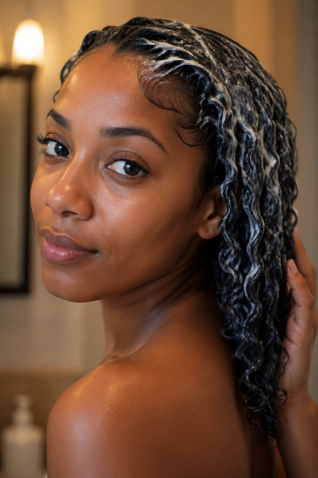 Close-up of a real woman with damp hair and deep conditioner coating.
