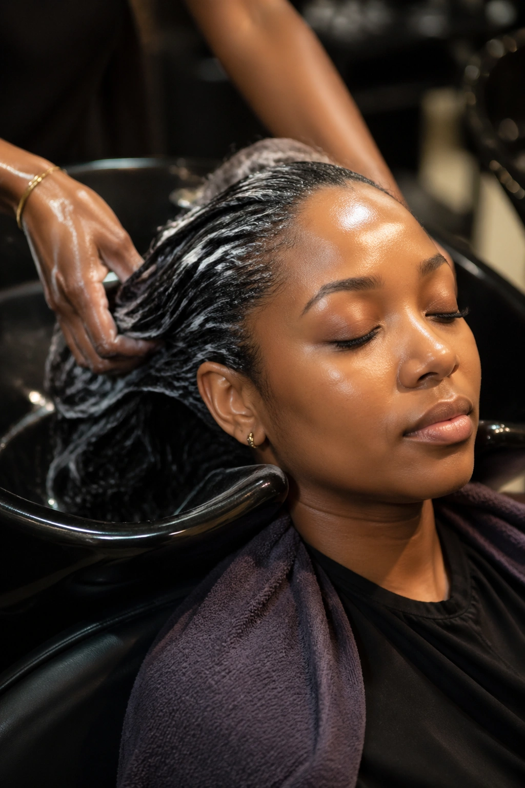 Woman undergoing deep conditioning treatment in a salon