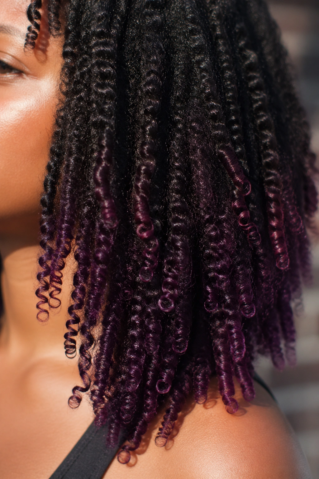Close-up of deep plum tips on dark natural coils catching sunlight