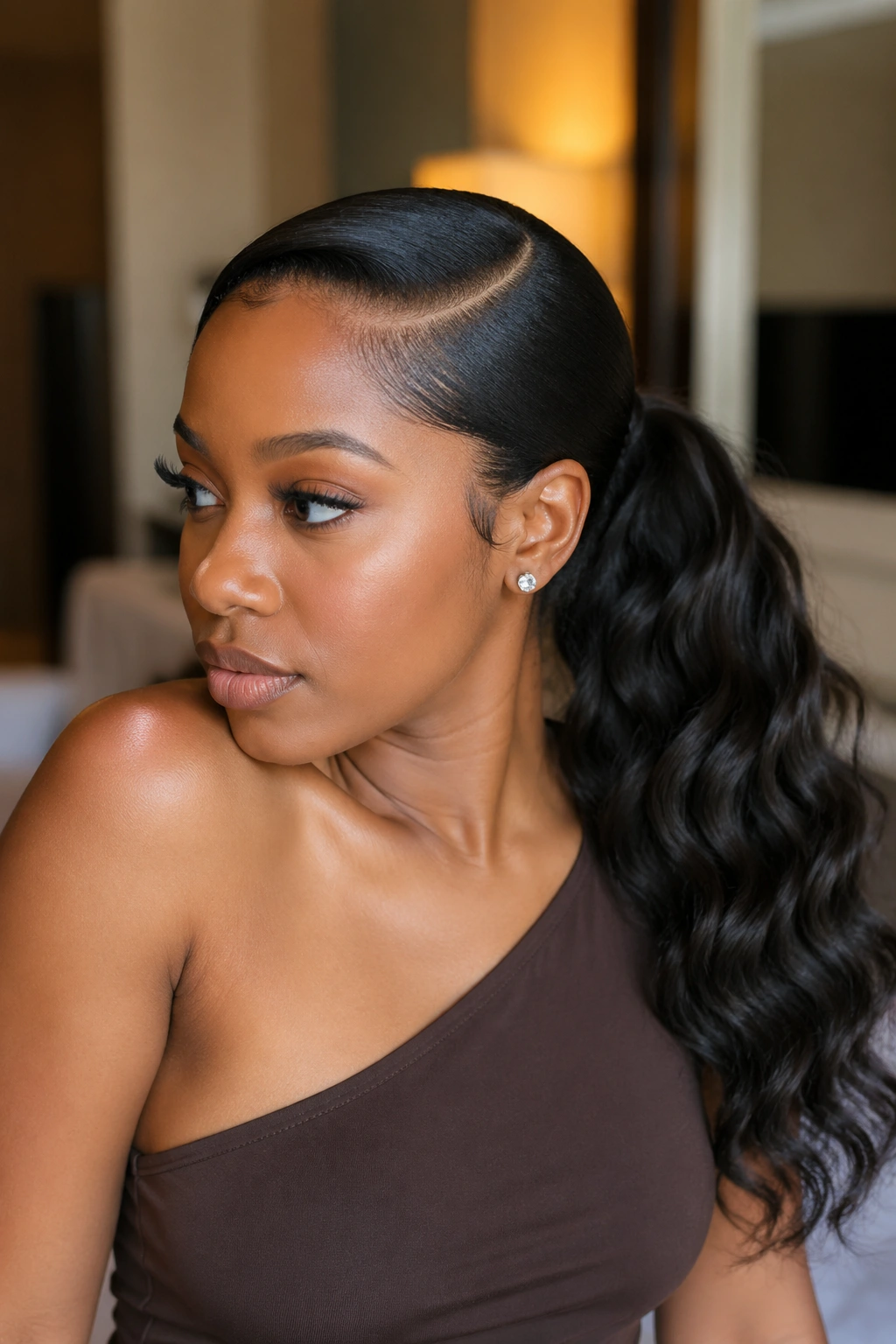Close-up of a real woman with a deep side-part body wave ponytail