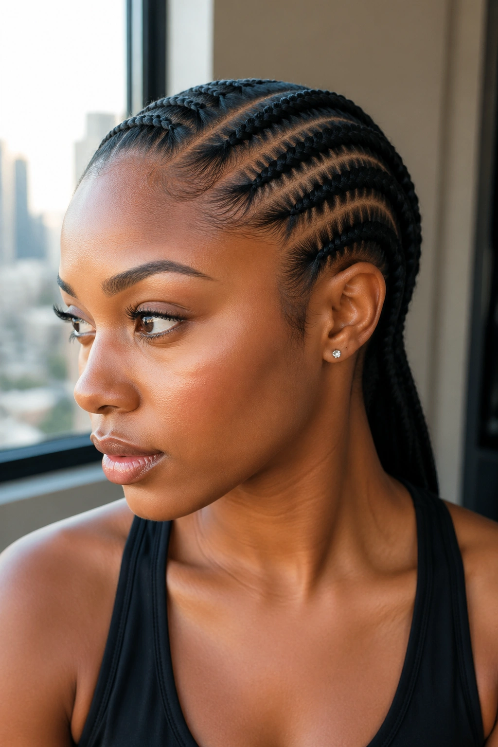 Real woman with deep side part feed-in cornrows portrait