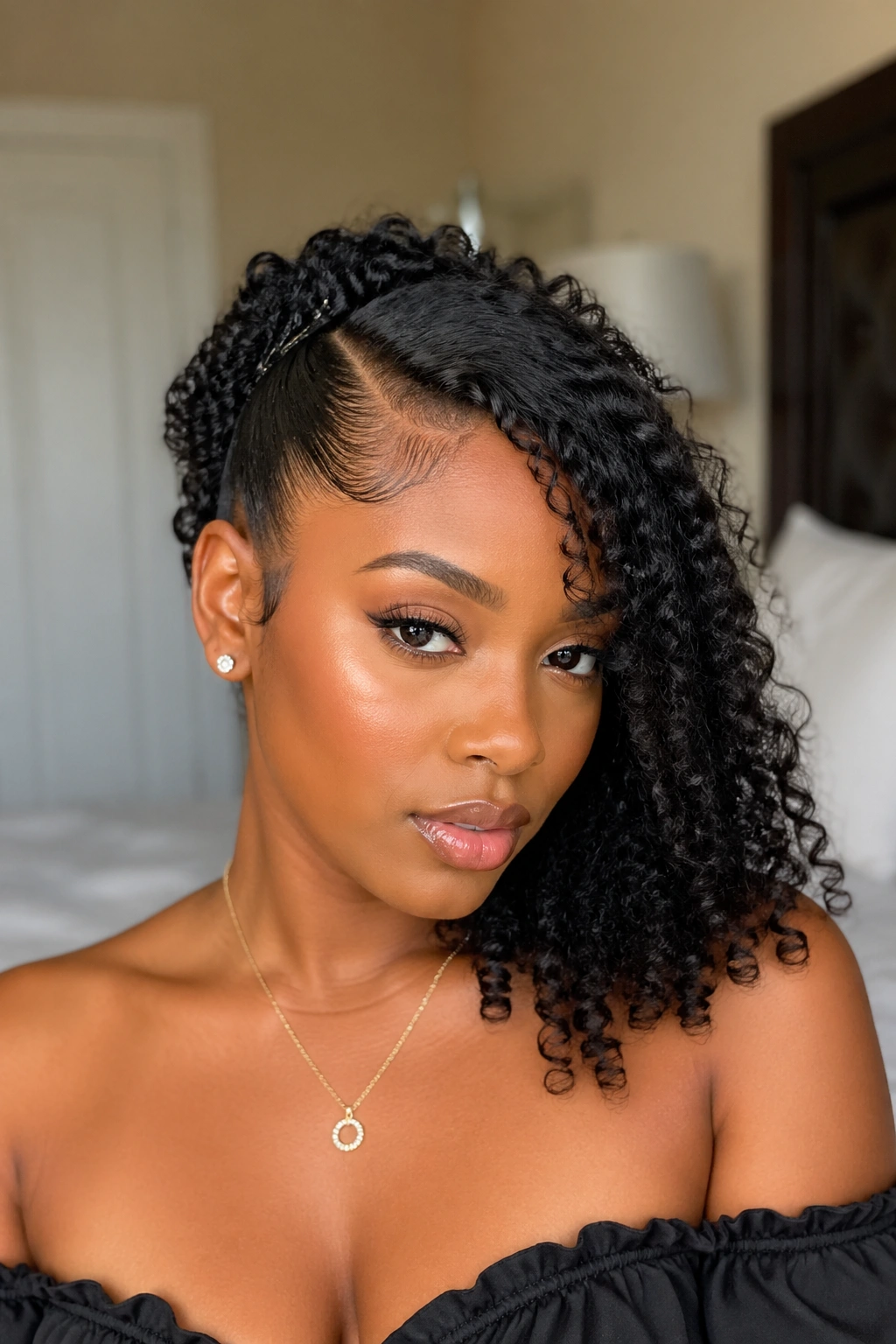 Close-up of deep side part with pinned crown on a real woman, curls flowing.
