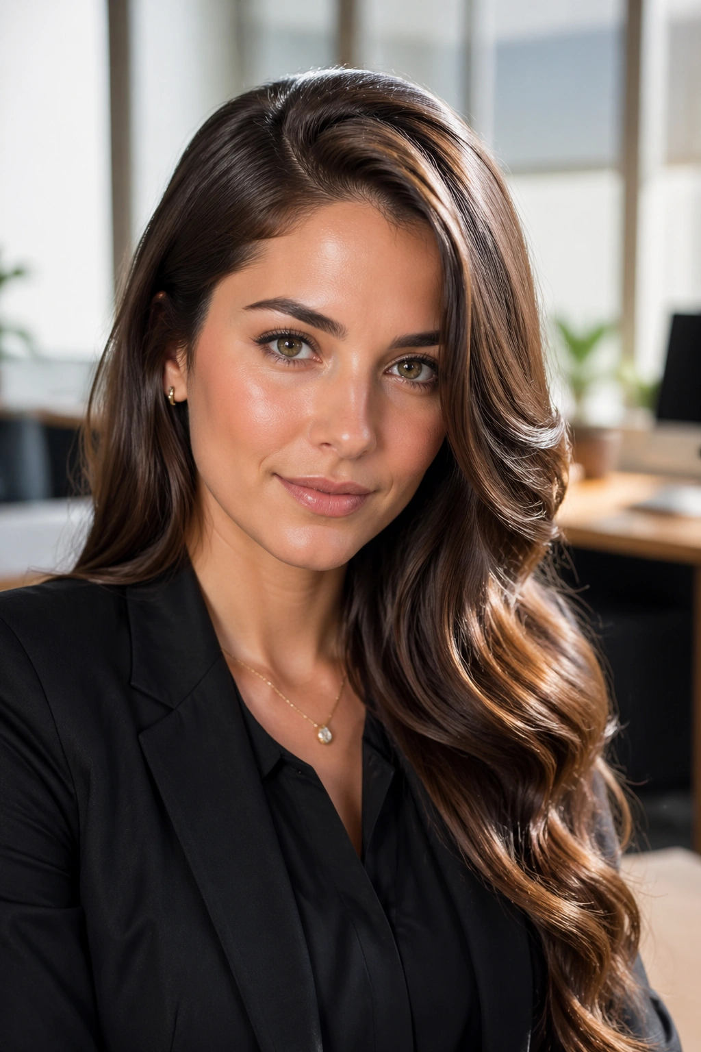 Close-up of a real woman with a deep side part and glossy waves in an office setting