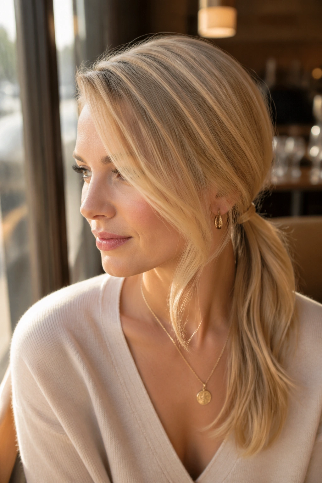 Close-up portrait of a real woman with a deep side-part blonde low ponytail.