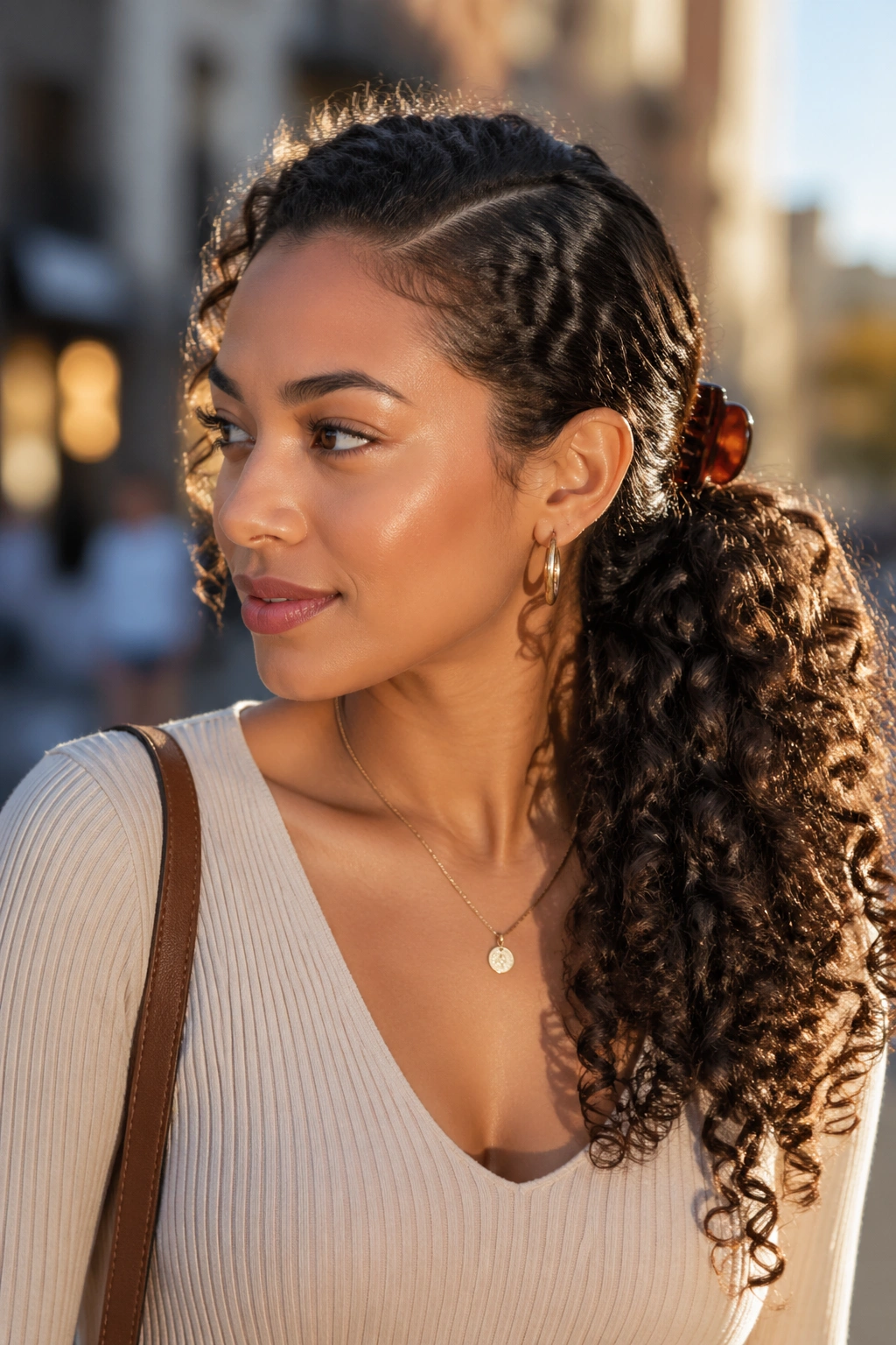 Portrait of a real woman with a deep side-part ponytail
