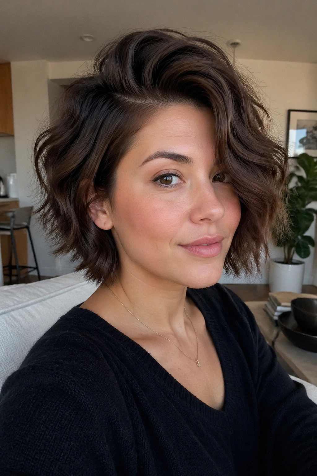 Close-up portrait of a real person with Deep Side-Part Shag hairstyle in living room daylight