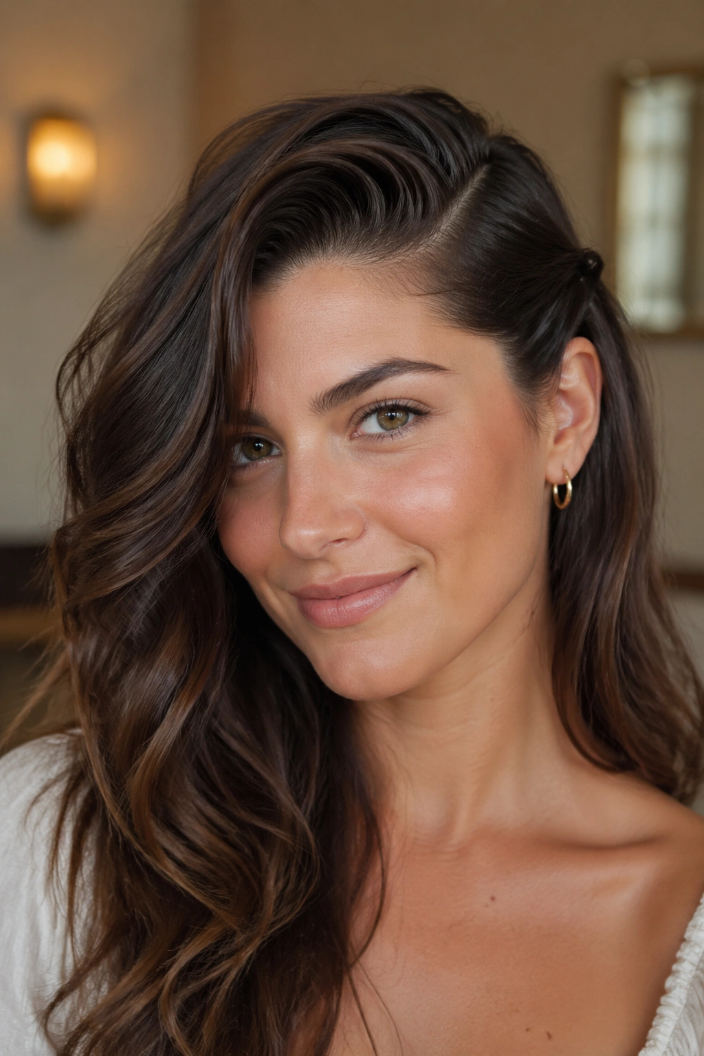 Close-up of a real woman with a deep side part and one-side tuck behind the ear.