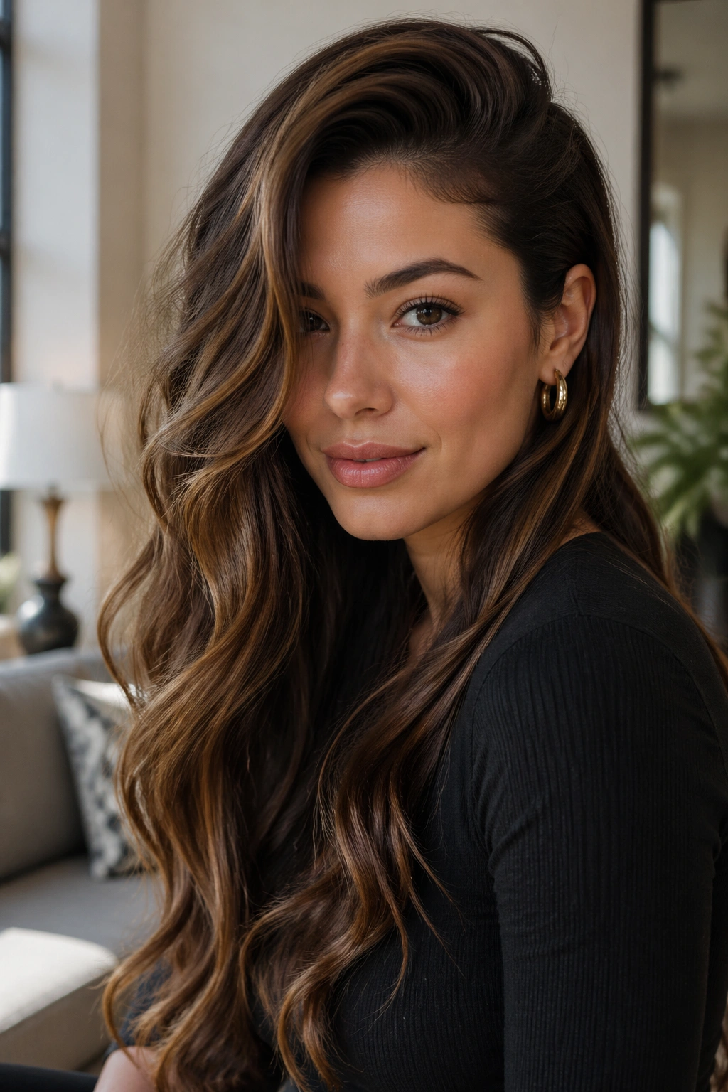 Portrait of a real woman with a dramatic deep side-part and glossy waves