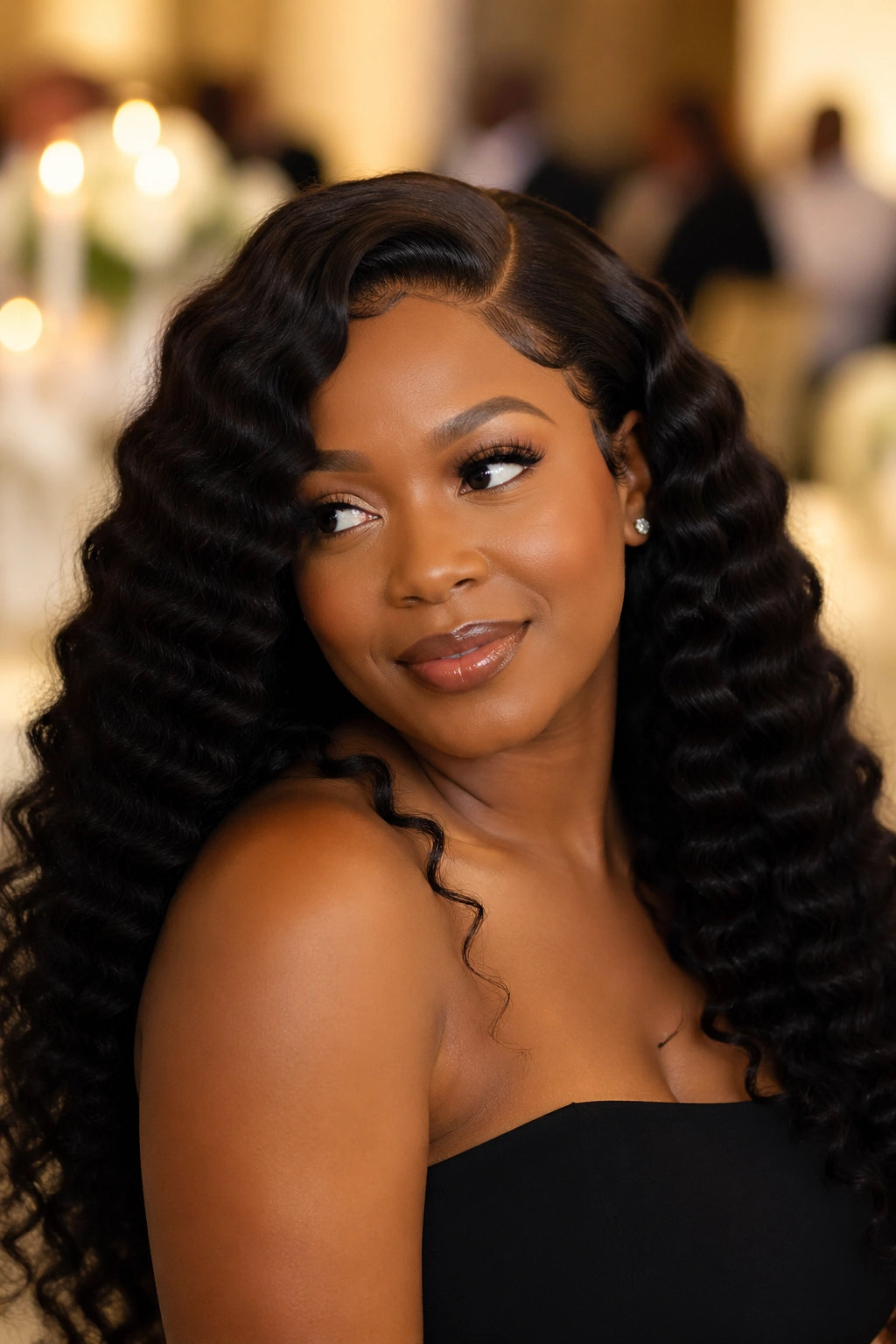 Real woman wearing The Deep Wave With Side Part wig at a wedding-like setting