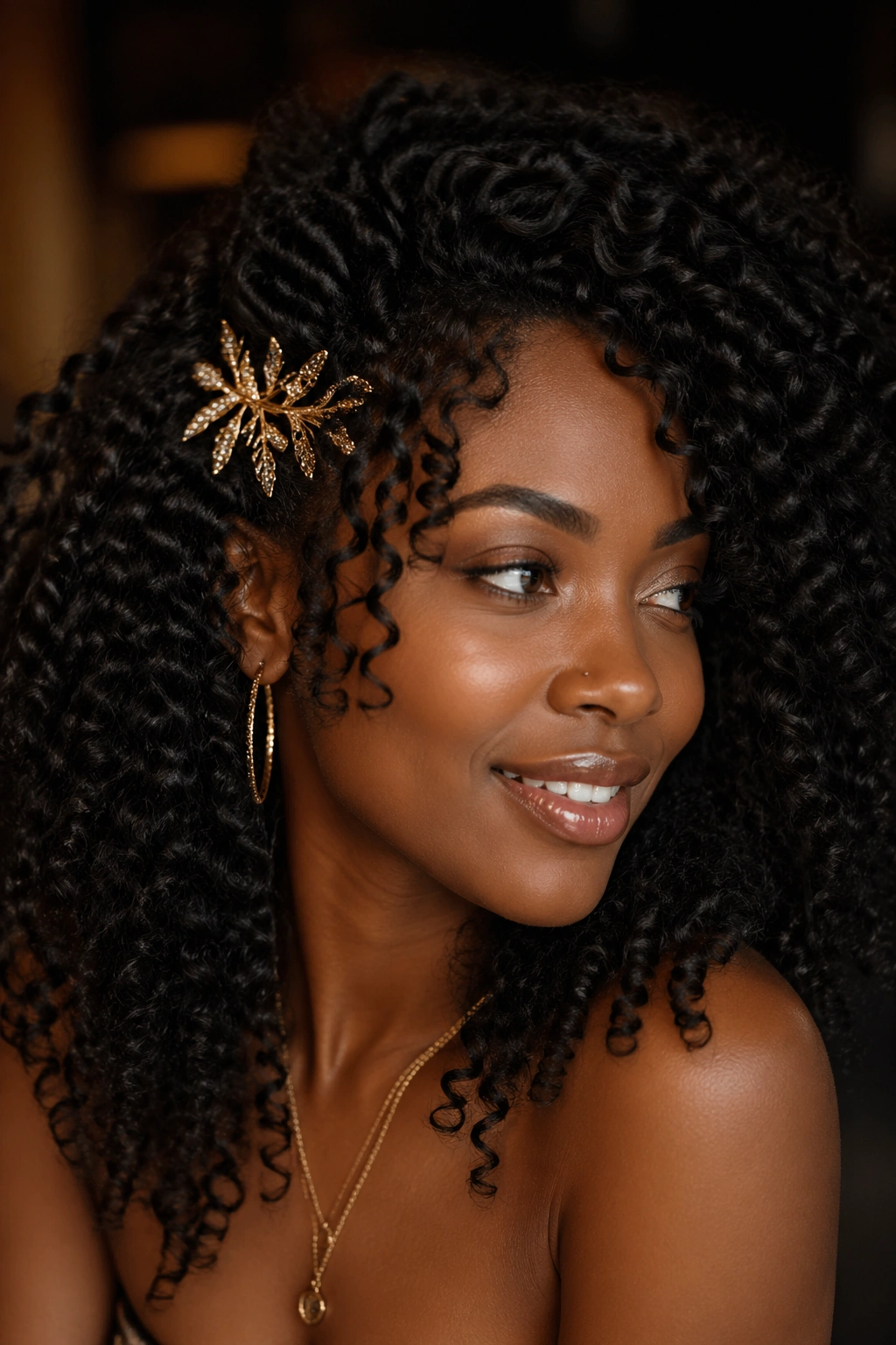 Close-up of defined curl clusters with a decorative accessory at the temple