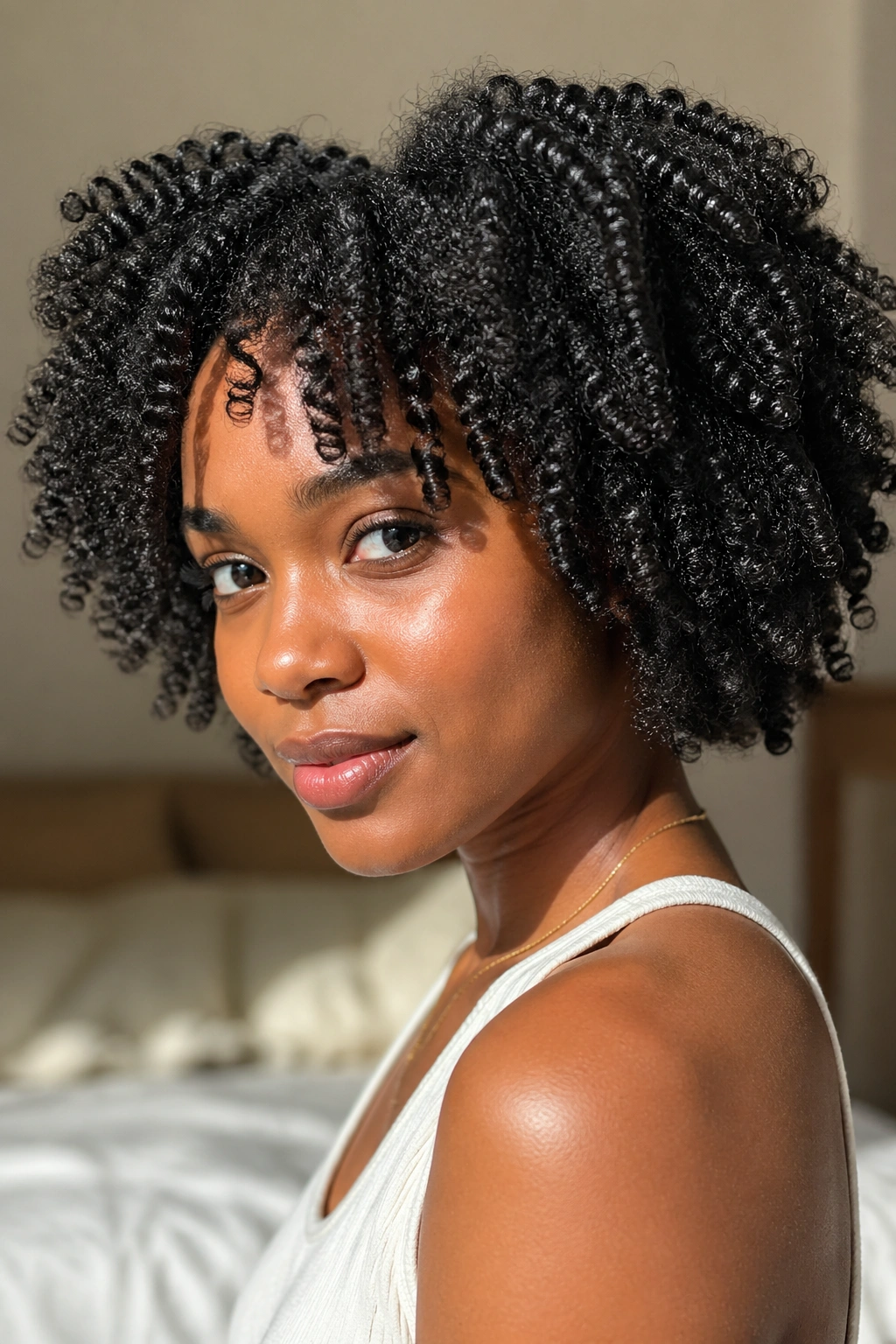 Real woman with defined curl sections in an afro, damp hair styling