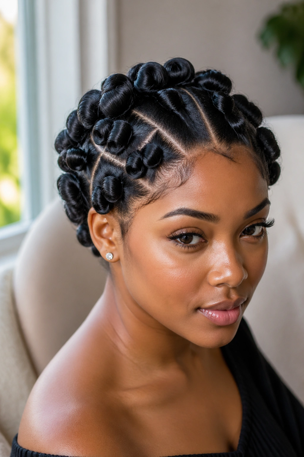 Close-up of a real woman with defined-part pin curl set on silk-pressed hair