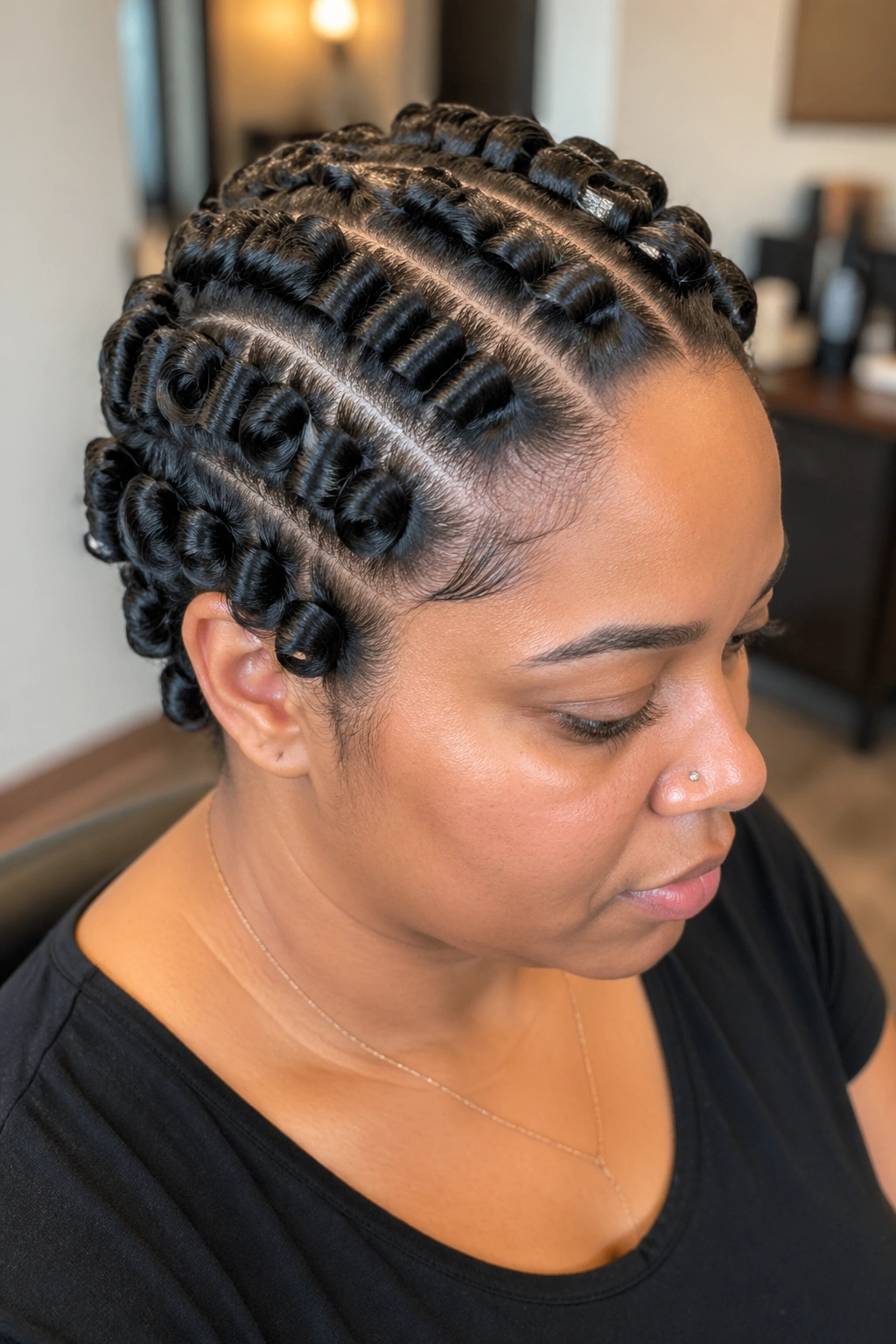 Portrait of a real woman showing defined rows of pin curls across the scalp on silk-pressed hair.