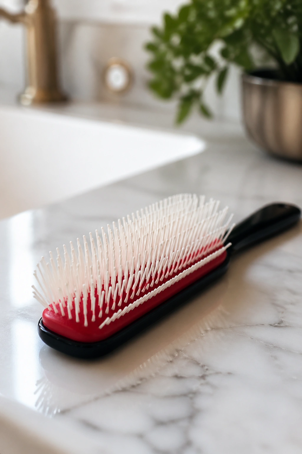 Close-up of a Denman-style brush on a bathroom counter.