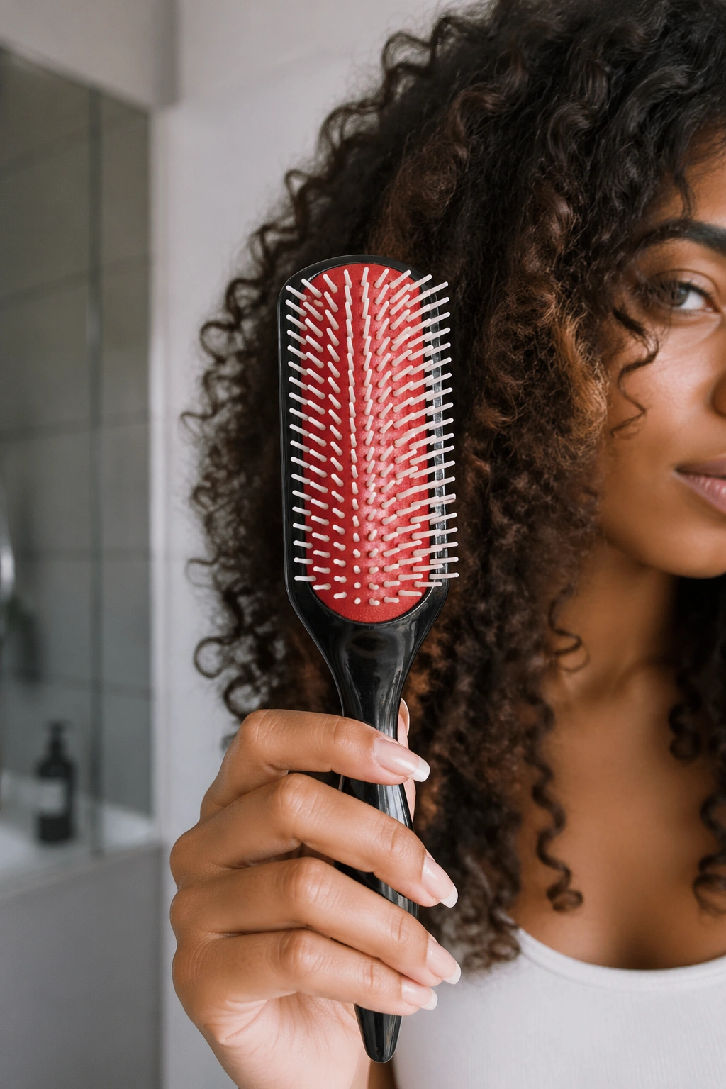 Close-up of a Denman brush held near thick curls in a real person’s hand