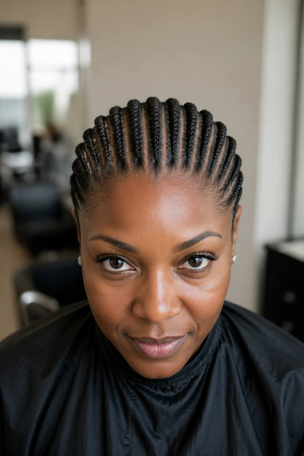 Close-up portrait of a real woman with twelve to fifteen tiny straight-back cornrows from hairline to nape.