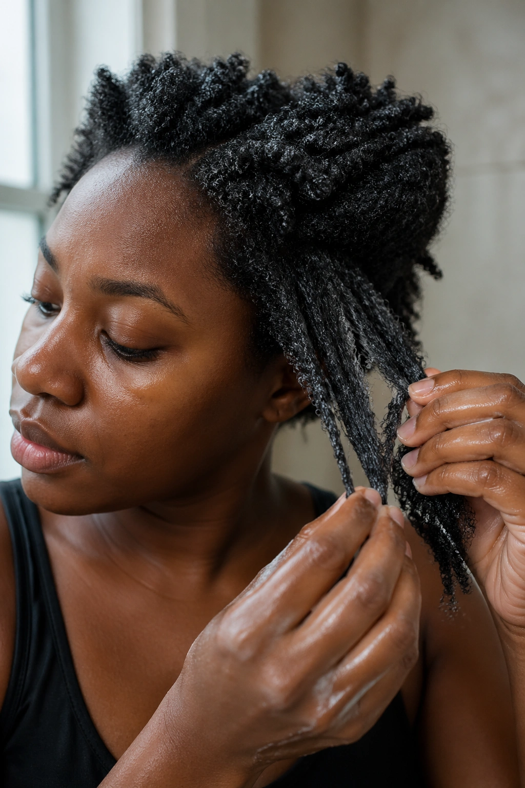 Hands detangling wet 4C hair on a real person during wash day.